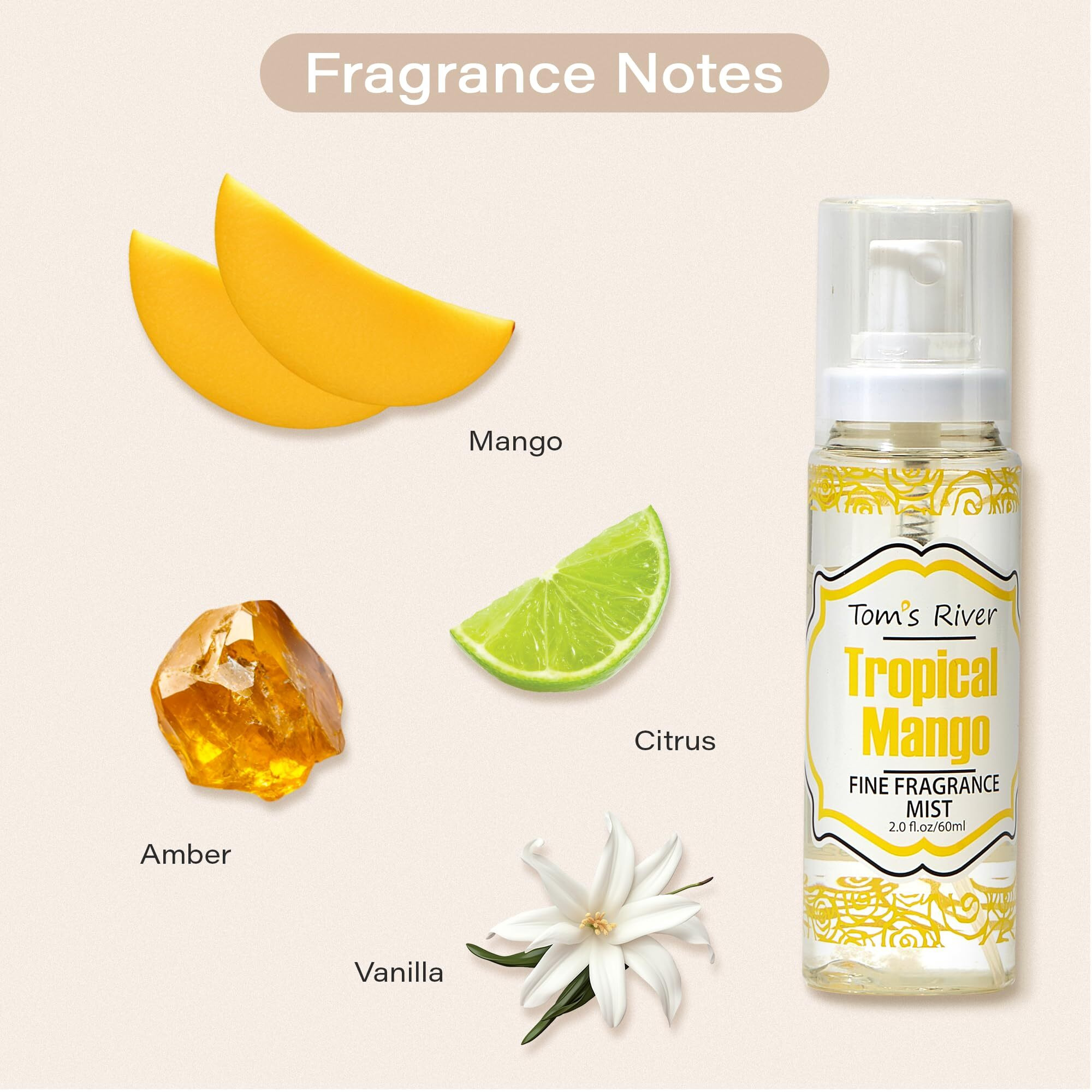 Tom's River Fine Fragrance Body & Hair Mist | Tropical Mango Scented (Pack Of 3) | For Daily Use | Travel-Friendly | 2 Fl Oz/ 60Ml Per Bottle