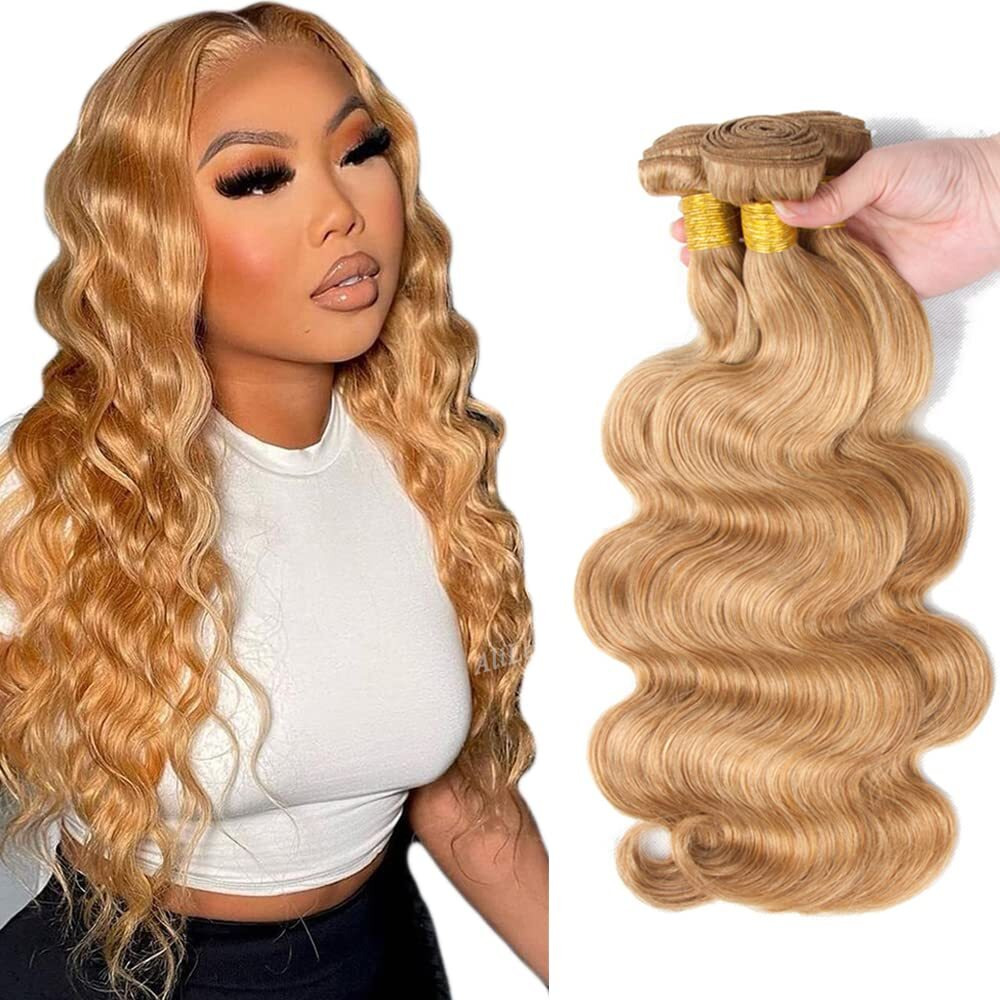 27 Body Wave Bundle Honey Blonde Human Hair 3 Bundles Brazilian Unprocessed Virgin Hair Extensions Double Weft Bundle For Women 20 22 24 Inch