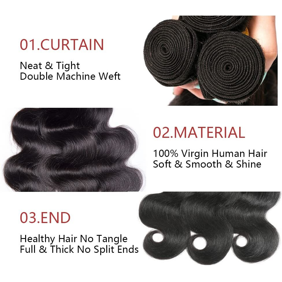 Body Wave Bundle Natural Black Human Hair Bundle 100% Unprocessed Virgin Hair Brazilian Double Weft Extensions 16 Inch For Women
