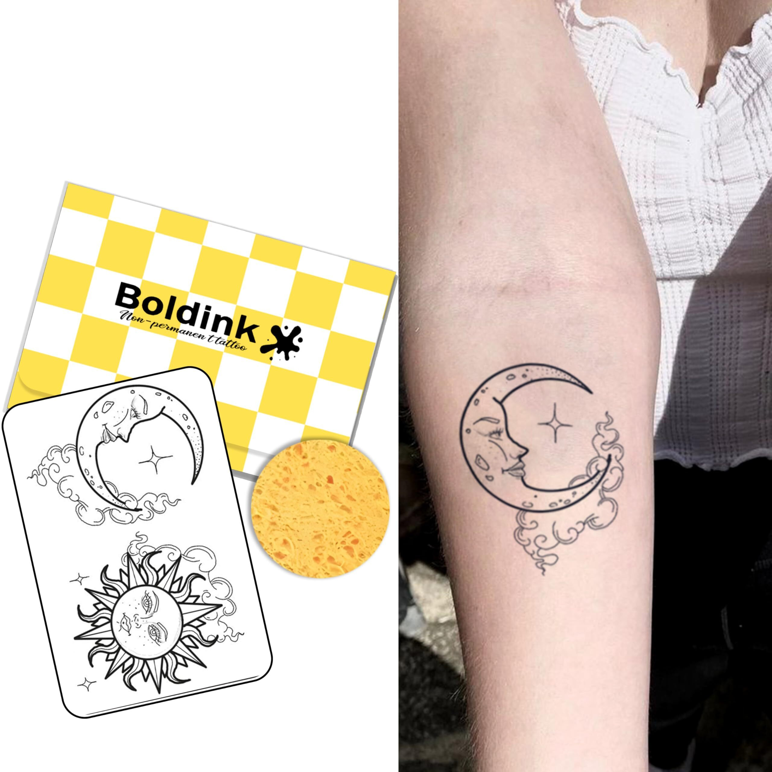 Boldink Temporary Tattoos, Semi Permanent Tattoos, 15-Day Long Lasting Tattoo Sticker, Waterproof And Anti-Reflective, Unique Design(Sun And Moon 5)