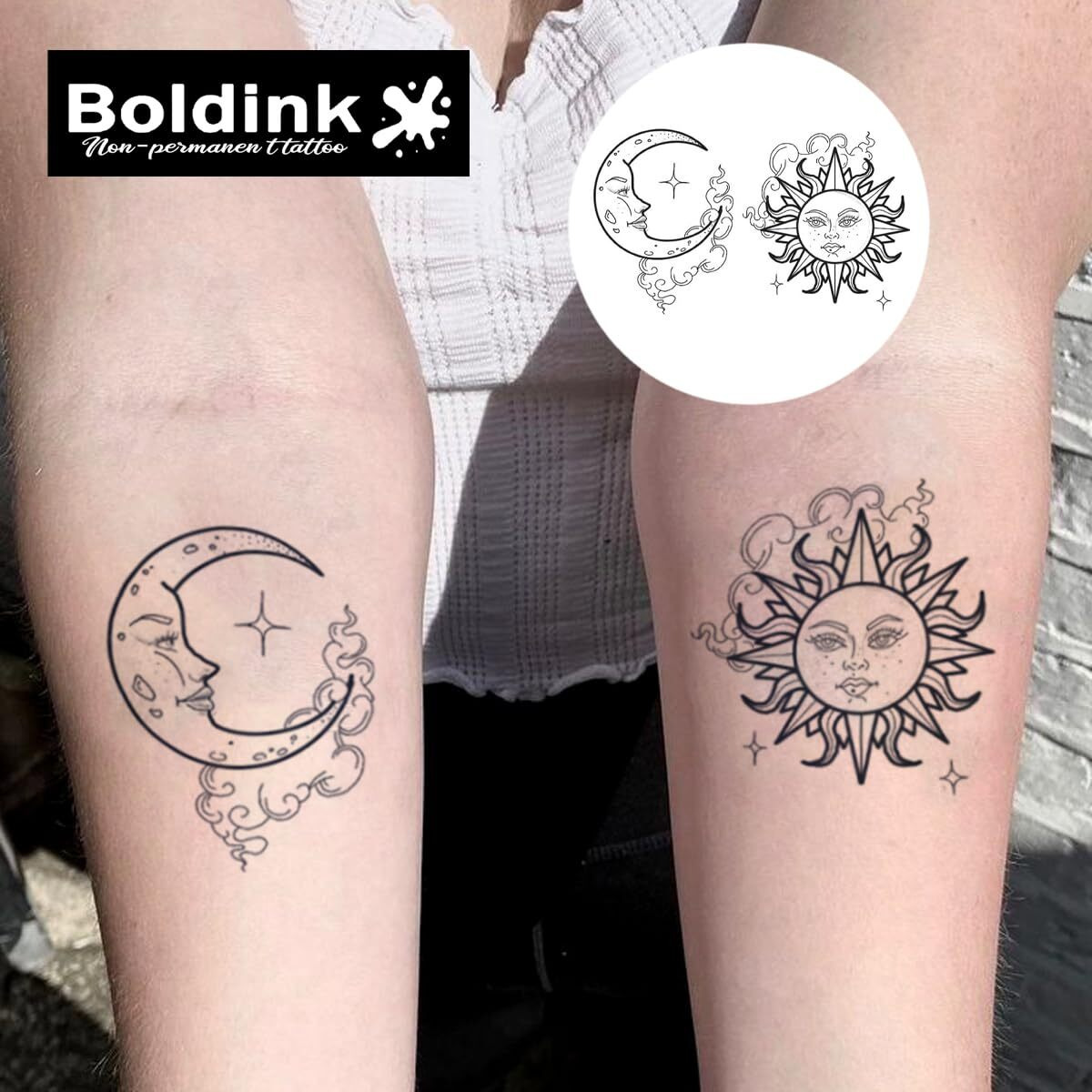 Boldink Temporary Tattoos, Semi Permanent Tattoos, 15-Day Long Lasting Tattoo Sticker, Waterproof And Anti-Reflective, Unique Design(Sun And Moon 5)
