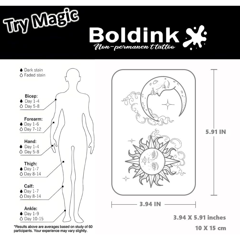 Boldink Temporary Tattoos, Semi Permanent Tattoos, 15-Day Long Lasting Tattoo Sticker, Waterproof And Anti-Reflective, Unique Design(Sun And Moon 5)