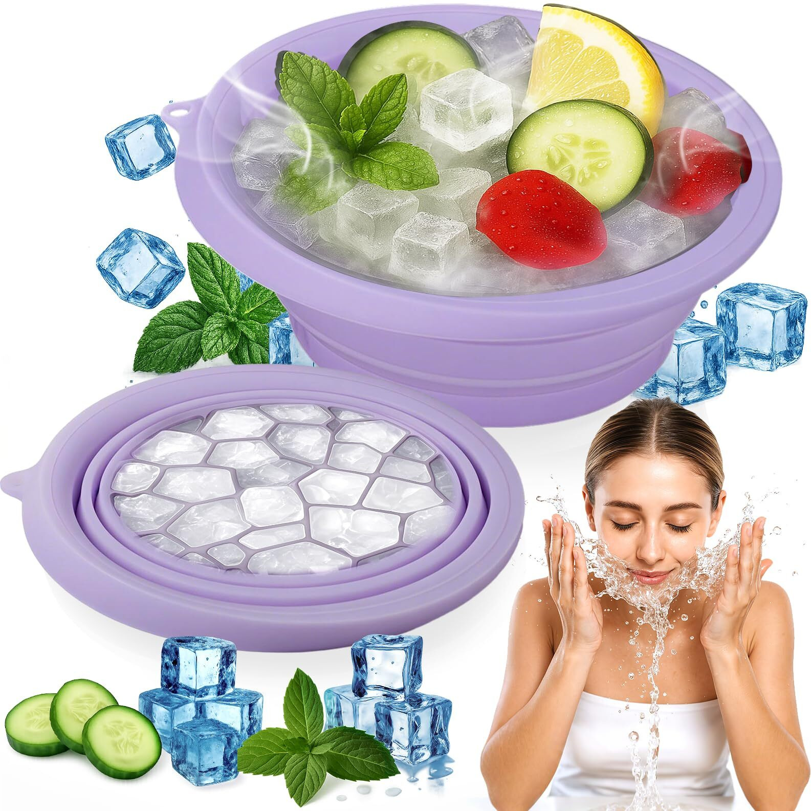 Xangnier Face Bowl For Ice With Built-In Ice Tray - Collapsible Silicone Facial Ice Bath Bowl For Cold Plunge Therapy, Skin Tightening & Acne Relief - Purple Portable Spa Tool For Home & Travel