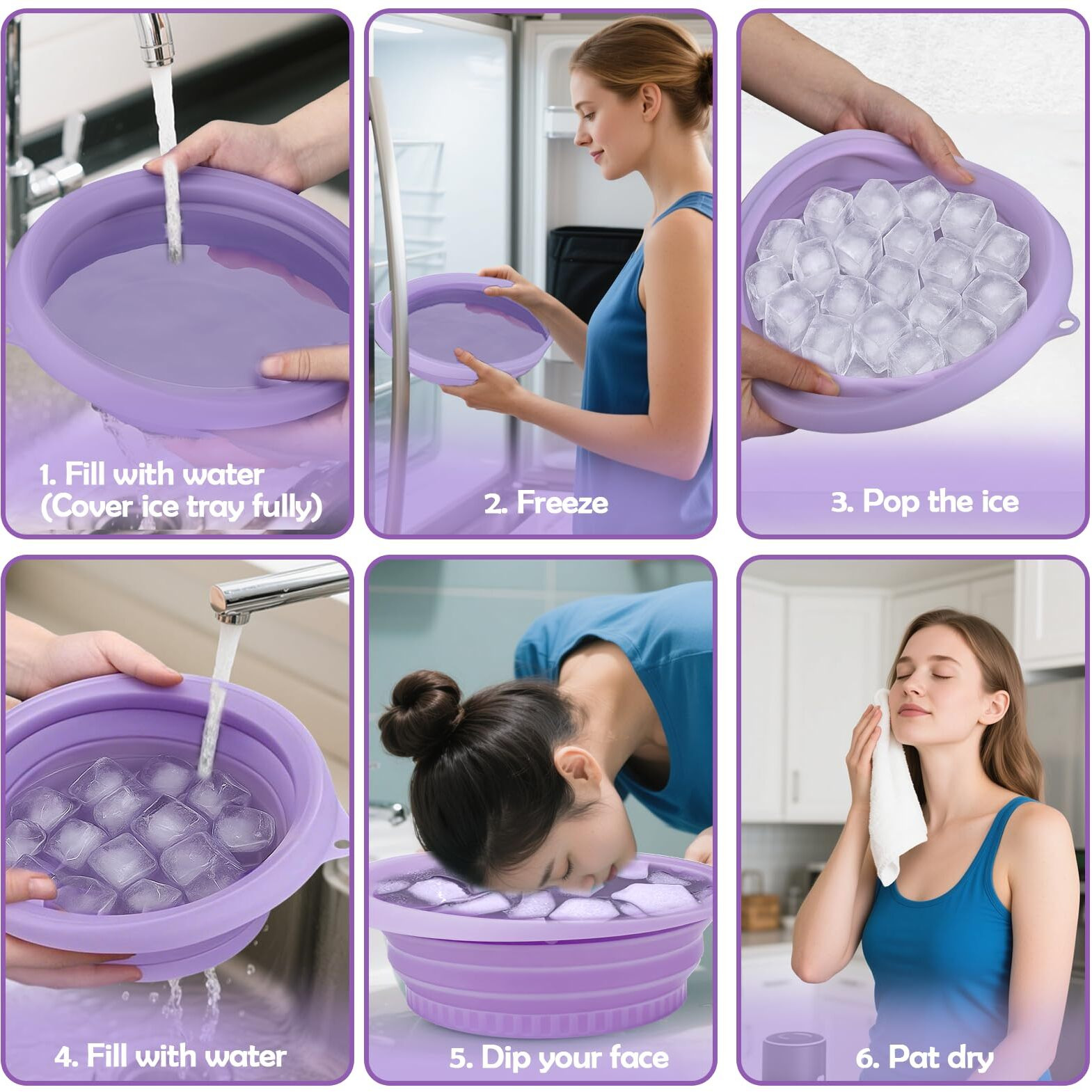 Xangnier Face Bowl For Ice With Built-In Ice Tray - Collapsible Silicone Facial Ice Bath Bowl For Cold Plunge Therapy, Skin Tightening & Acne Relief - Purple Portable Spa Tool For Home & Travel