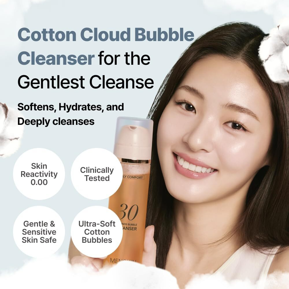 Menokin Cotton Cloud Bubble Cleanser [Daily Comfort] Betaine For Lasting Hydration, Low Ph For Sensitive Skin, Non-Stripping, Daily Gentle Face Wash, Foaming Bubbles, Korean Skincare 5.07 Fl. Oz