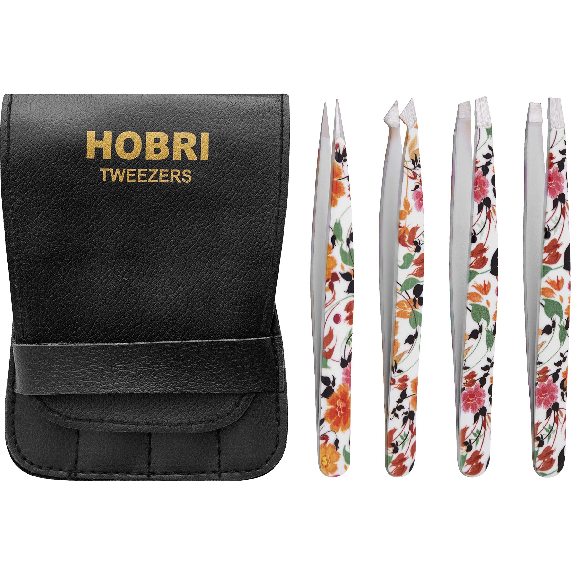 Tweezers Set, Eyebrows Tweezers Set Professional Stainless Steel Tweezers Set - 4 Pieces With Leatherette Travel Case Perfect For Facial Hair, Beauty And Personal Care Tool (Leaves Print)