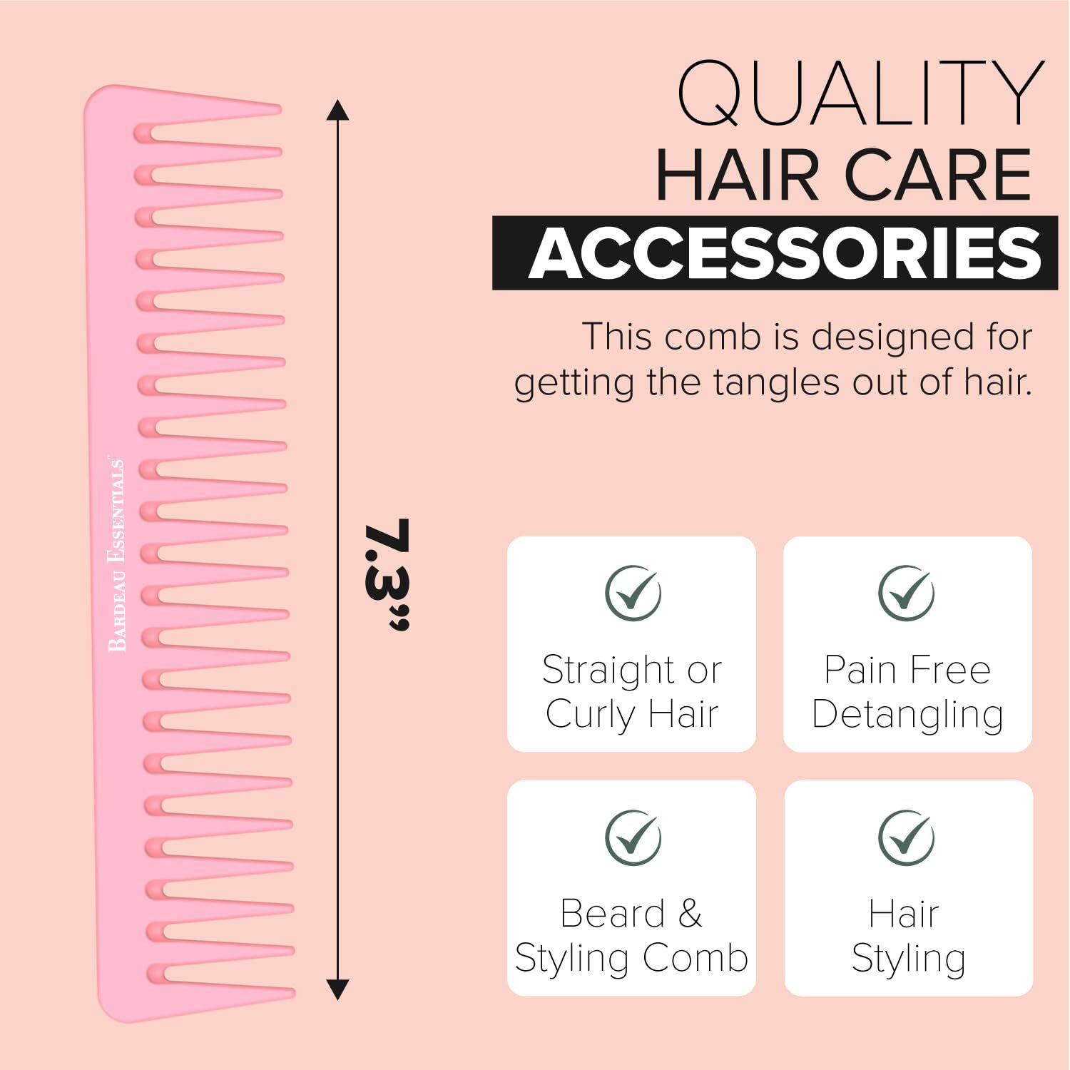 Bardeau Essentials 7 Inch Pink Carbon Fiber Wide Tooth Comb - 2 Pack - Detangling & Styling Tool For Curly & Straight Hair - Men & Women