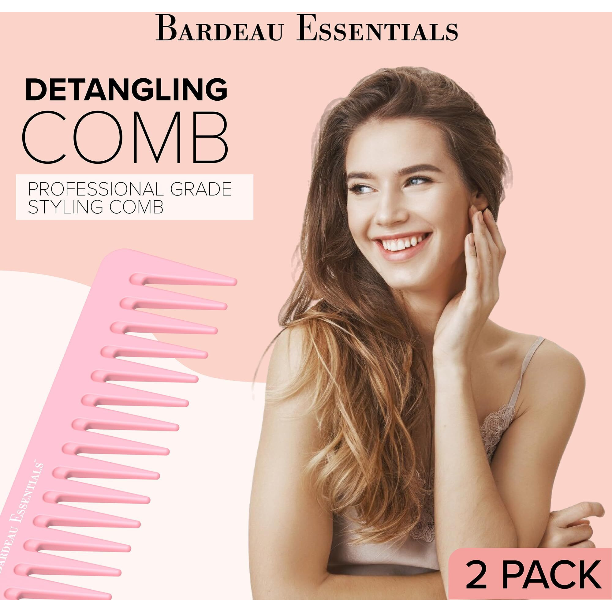Bardeau Essentials 7 Inch Pink Carbon Fiber Wide Tooth Comb - 2 Pack - Detangling & Styling Tool For Curly & Straight Hair - Men & Women