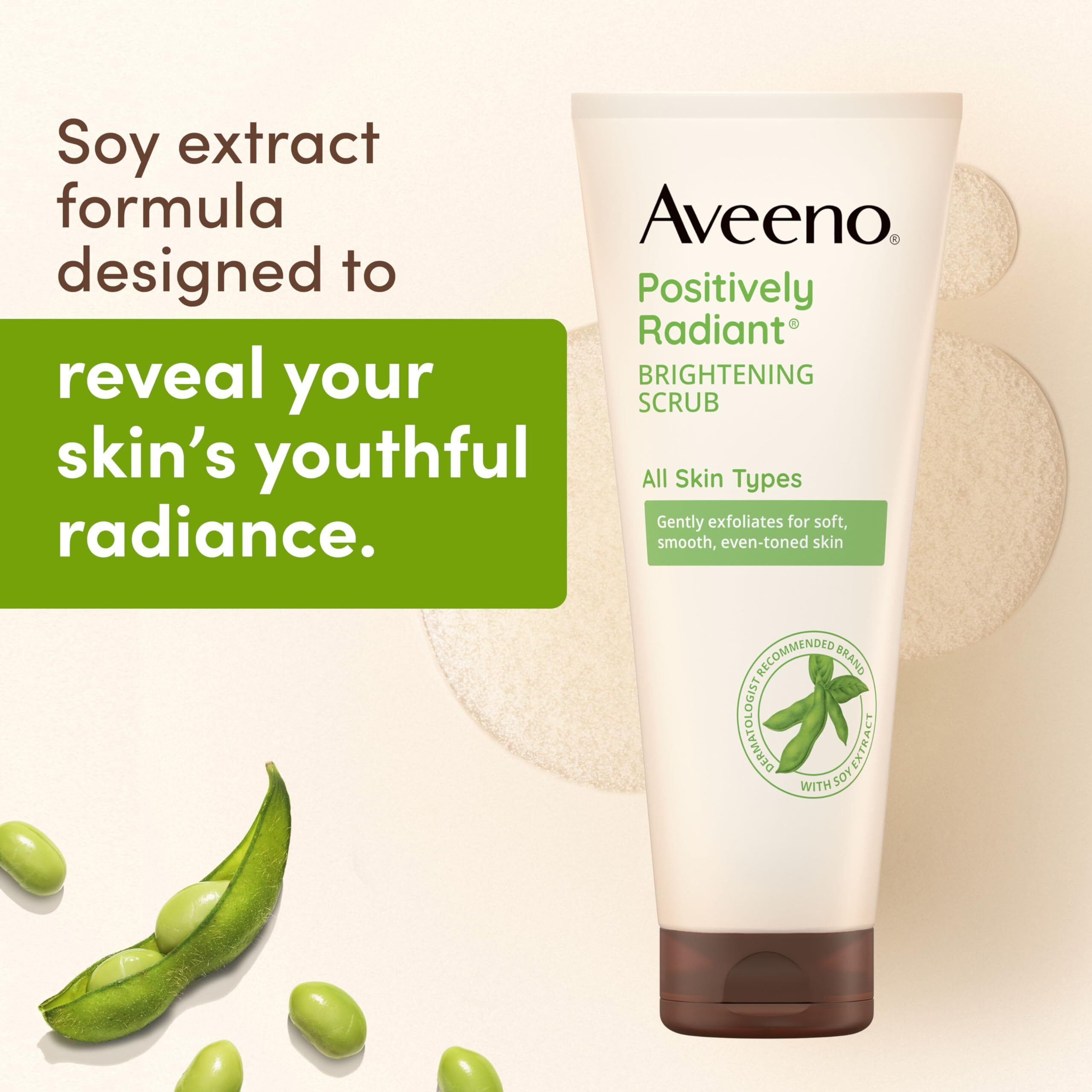 Aveeno Positively Radiant Brightening Face Scrub & Exfoliating Daily Face Wash, Moisture-Rich Soy Extract, Oil-Free, Soap-Free, Hypoallergenic, Non-Comedogenic, Improves Tone & Texture, 7 Oz