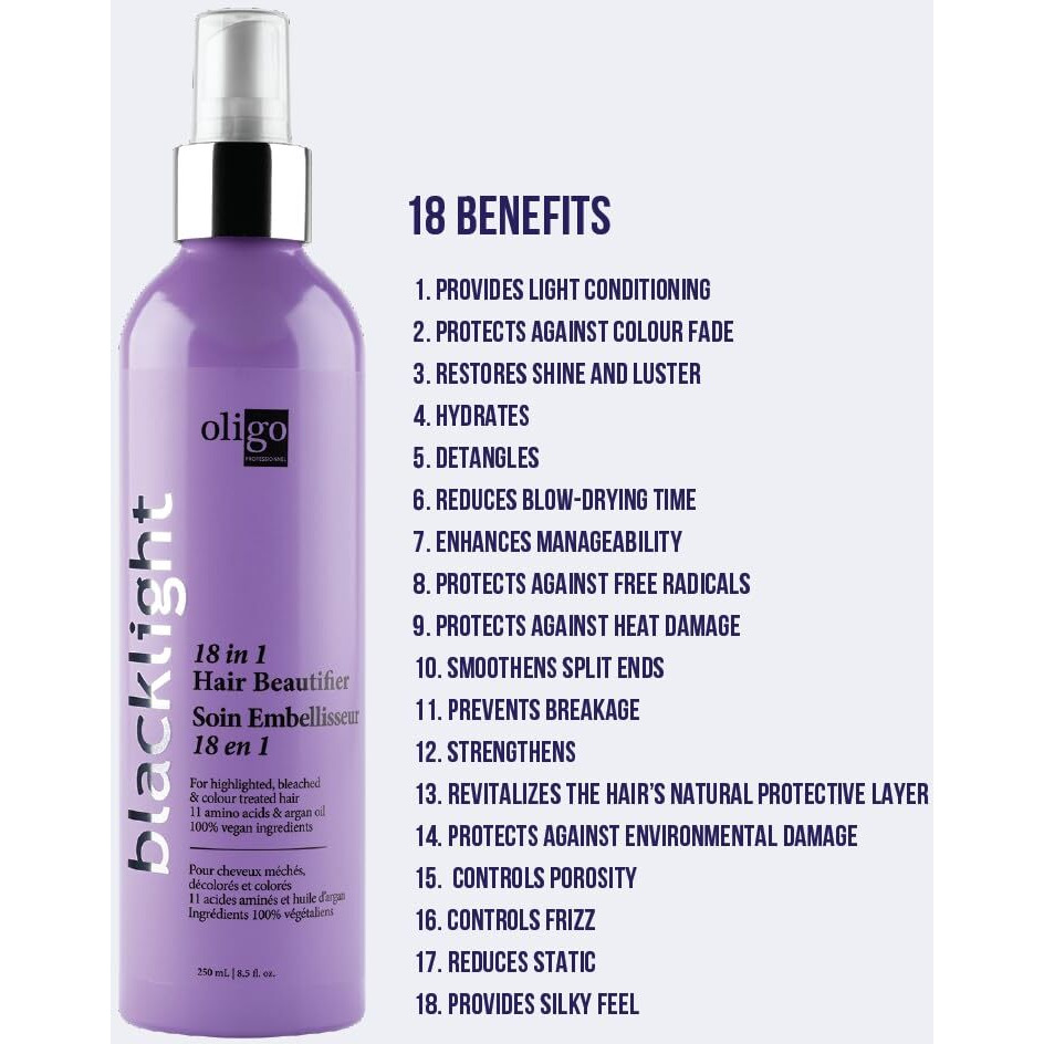 Oligo Professionnel - Blacklight 18-In-1 Hair Beautifier For Blondes - Vegan - Paraben Free - Anti Frizz - Heat Protectant Leave-In Conditioner - Argan Oil - Detangling Hydrating Spray - 8.5Oz