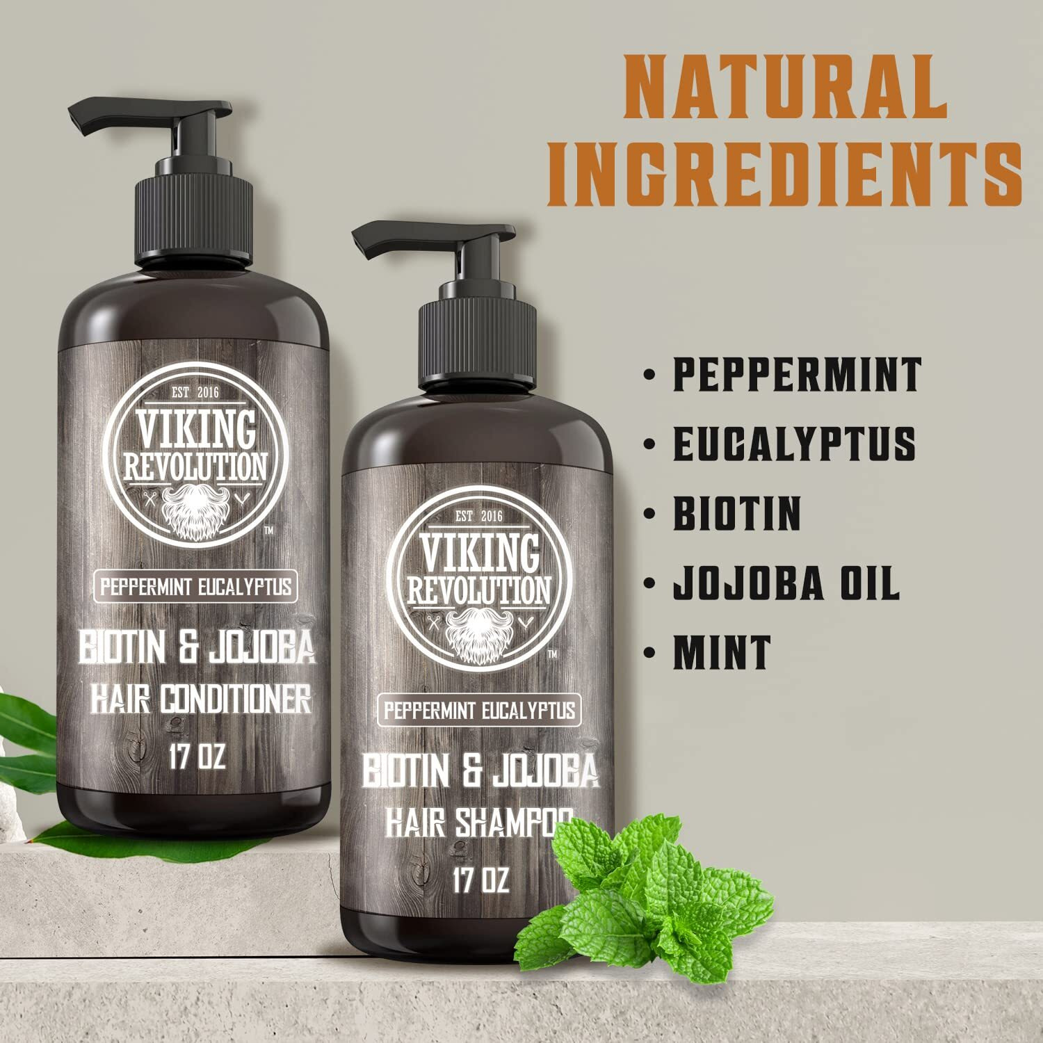 Viking Revolution Biotin Mens Shampoo And Conditioner Set - Eucalyptus Shampoo And Conditioner Set With Jojoba And Mint Oil - Peppermint Oil Hair Conditioner For Men (17 Oz)