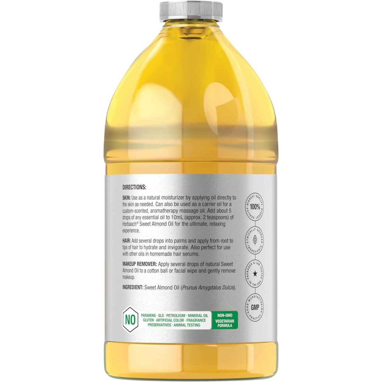 Horbach Sweet Almond Oil 64 Fl Oz | For Hair And Skin | Cold Pressed & Hexane Free | Bulk Size Carrier Oil | Vegan, Non-Gmo, Cruelty Free