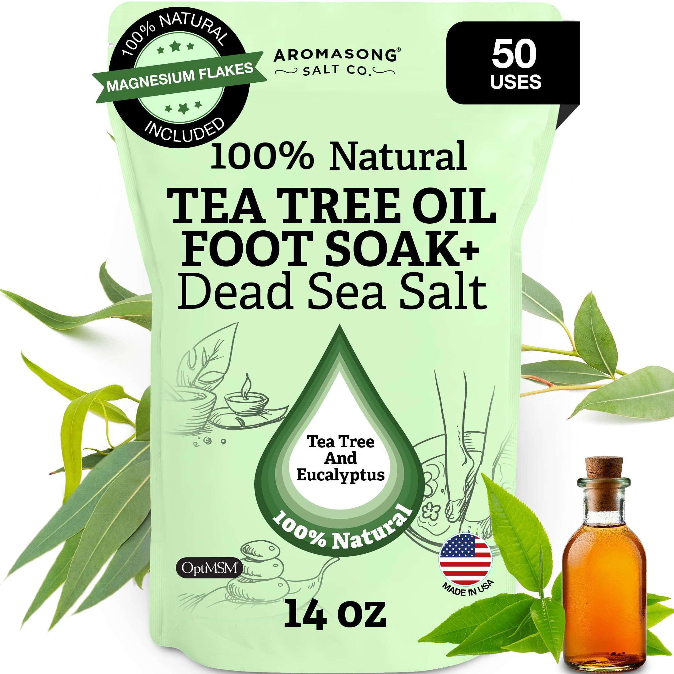 Aromasong Tea Tree Foot Soak With Magnesium Flakes And Dead Sea Foot Soaking Salts - Pedicure Tea Tree Oil Foot Soak For Dry Cracked Feet-Athlete's Callus Remover- Eliminates Odor- Packaging May Vary