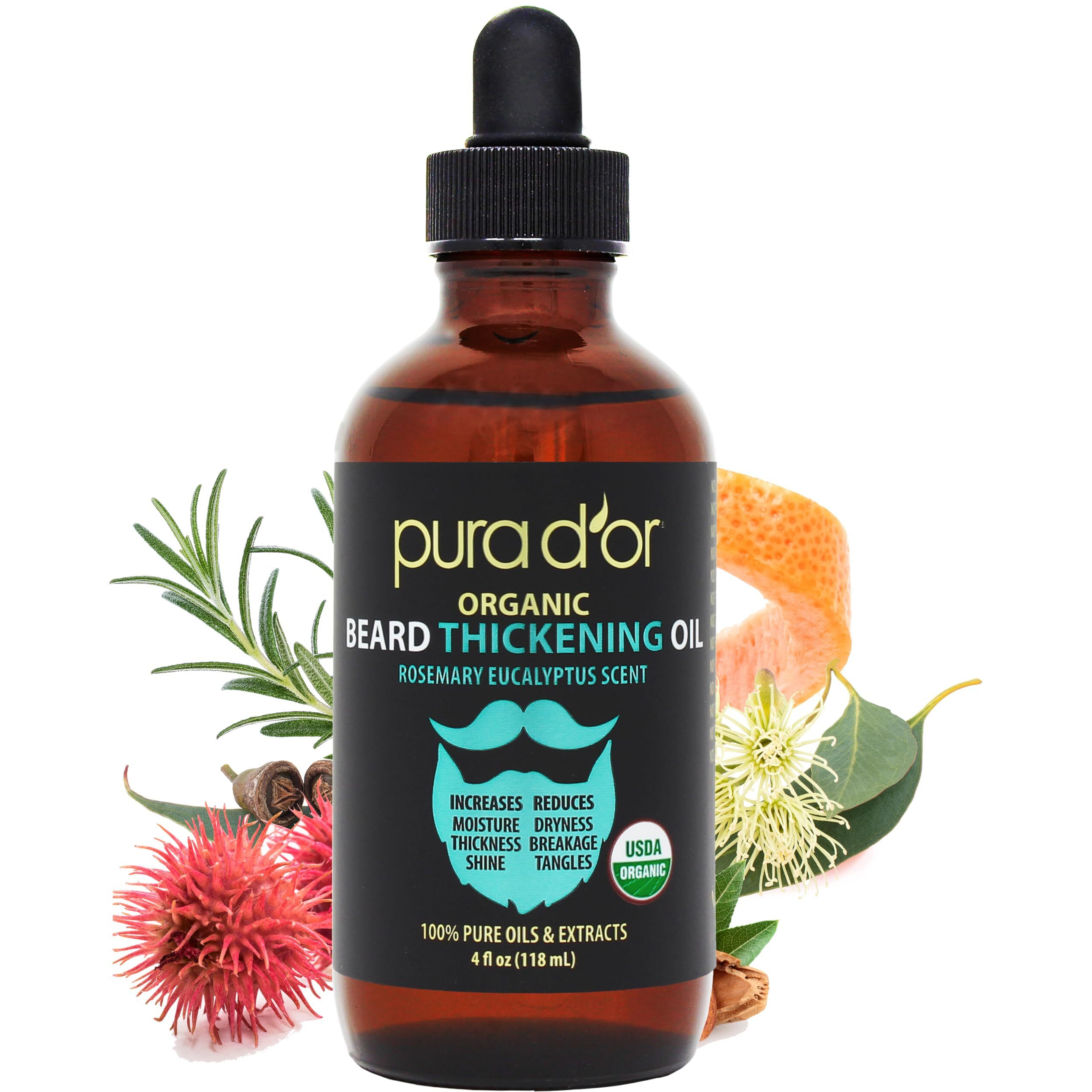 Pura D'Or 4 Oz Thickening Beard Oil - Moisturizing Blend With Rosemary, Biotin & Castor Oil - Increases Moisture, Thickness And Shine - Reduces Dryness And Breakage