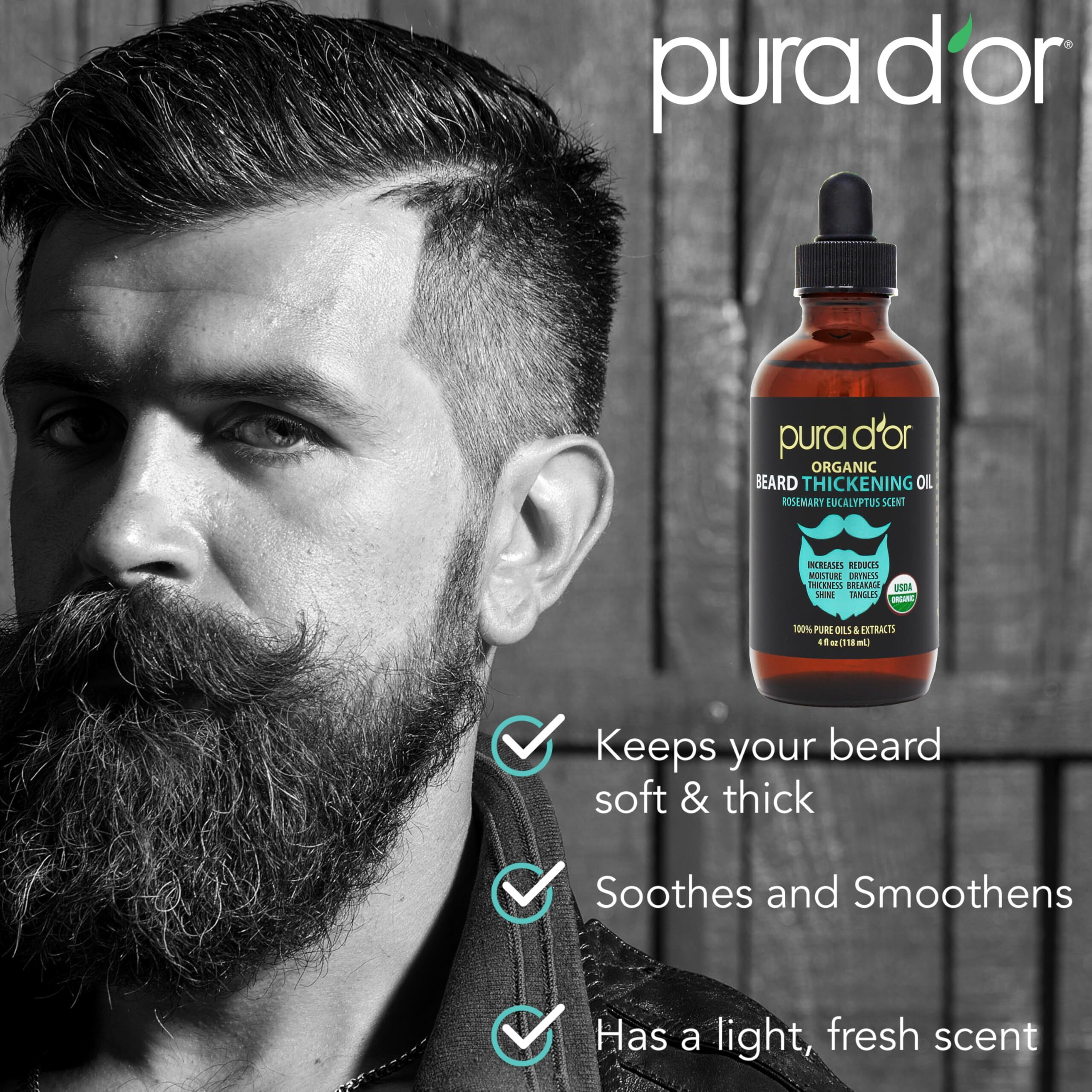 Pura D'Or 4 Oz Thickening Beard Oil - Moisturizing Blend With Rosemary, Biotin & Castor Oil - Increases Moisture, Thickness And Shine - Reduces Dryness And Breakage