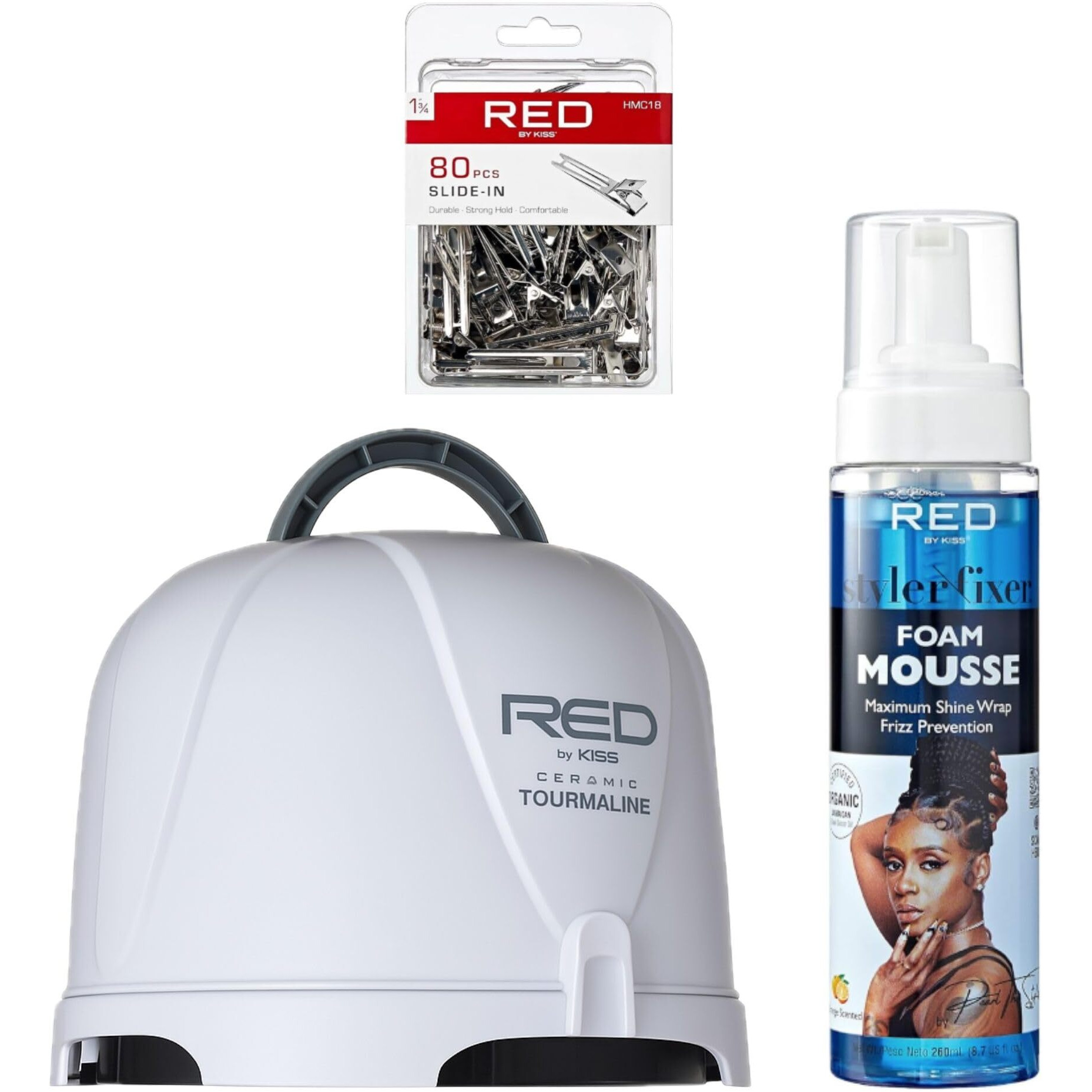 Red By Kiss 3000 Ceramic Tourmaline Professional Hood Dryer + 80Pcs Slide-In Hair Clips + Foaming Mousse With Jamaican Black Castor Oil, Complete Hair Styling & Curl Setting Kit For Home & Salon