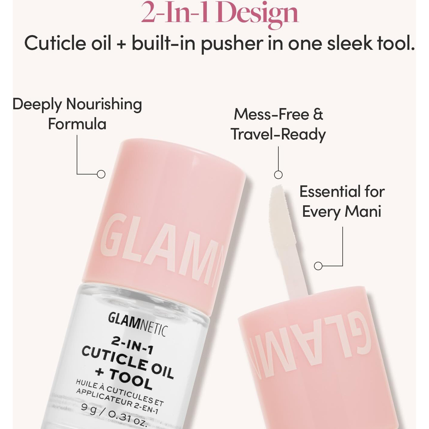 Glamnetic 2-In-1 Cuticle Oil | Nourishing Cuticle Serum & Cuticle Pusher For Healthy Nails | Overnight, Hyaluronic Acid & Botanical Oils - 0.31 Oz