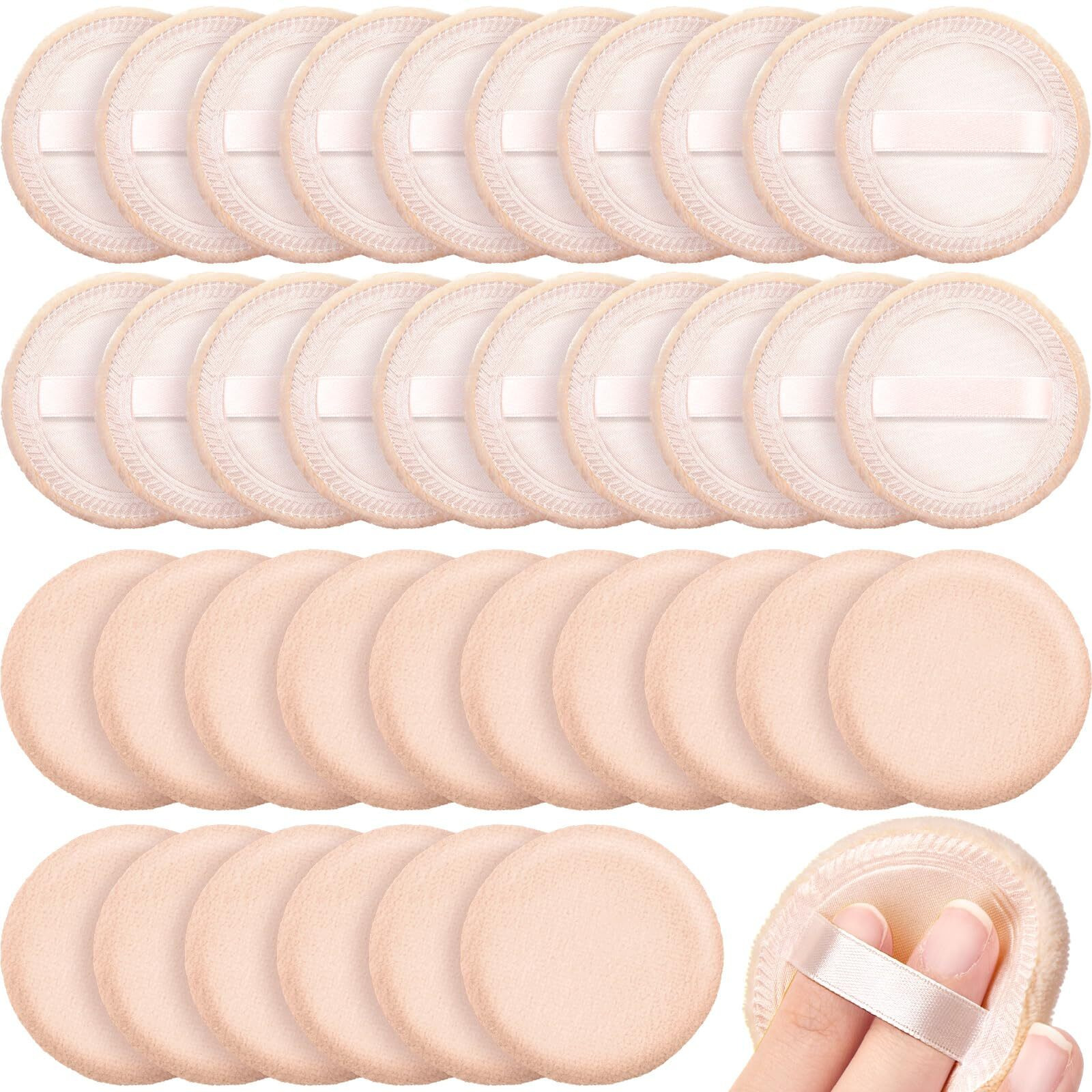 Silifine 40 Pcs Cotton Powder Puffs Bulk Washable, 2.36 Inch Round Makeup Dusting Powder Puff With Ribbon For Face Body Cosmetic, Beige