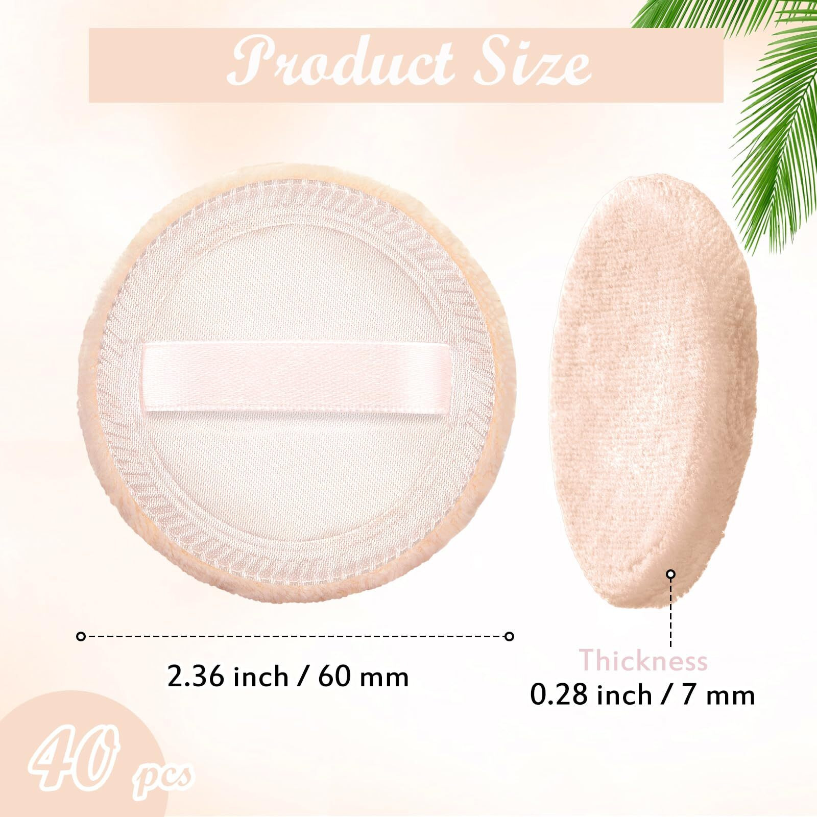 Silifine 40 Pcs Cotton Powder Puffs Bulk Washable, 2.36 Inch Round Makeup Dusting Powder Puff With Ribbon For Face Body Cosmetic, Beige
