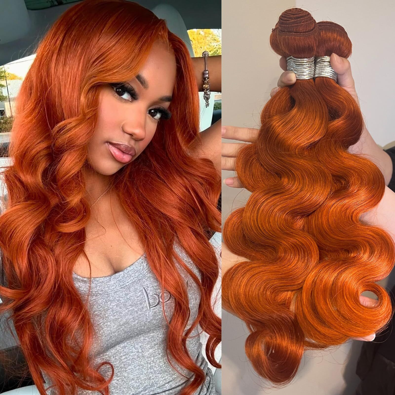 Alher 350 Ginger Bundles Human Hair Body Wave Sew In Weave Wavy 3 Bundles For Black Women 10A 100% Brazilian Remy Hair Soft Thick Copper Orange Color 14 16 18 Inch