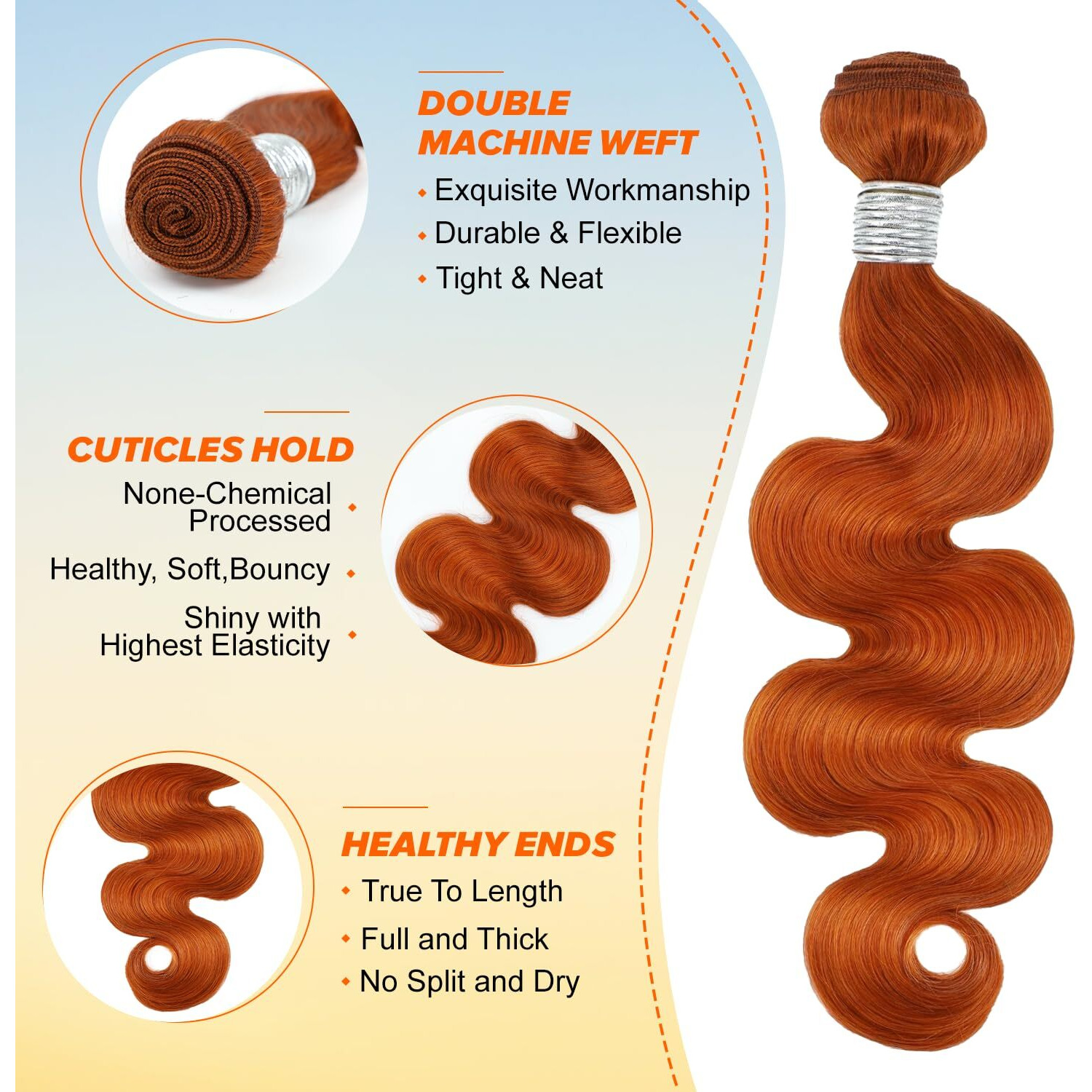 Alher 350 Ginger Bundles Human Hair Body Wave Sew In Weave Wavy 3 Bundles For Black Women 10A 100% Brazilian Remy Hair Soft Thick Copper Orange Color 14 16 18 Inch