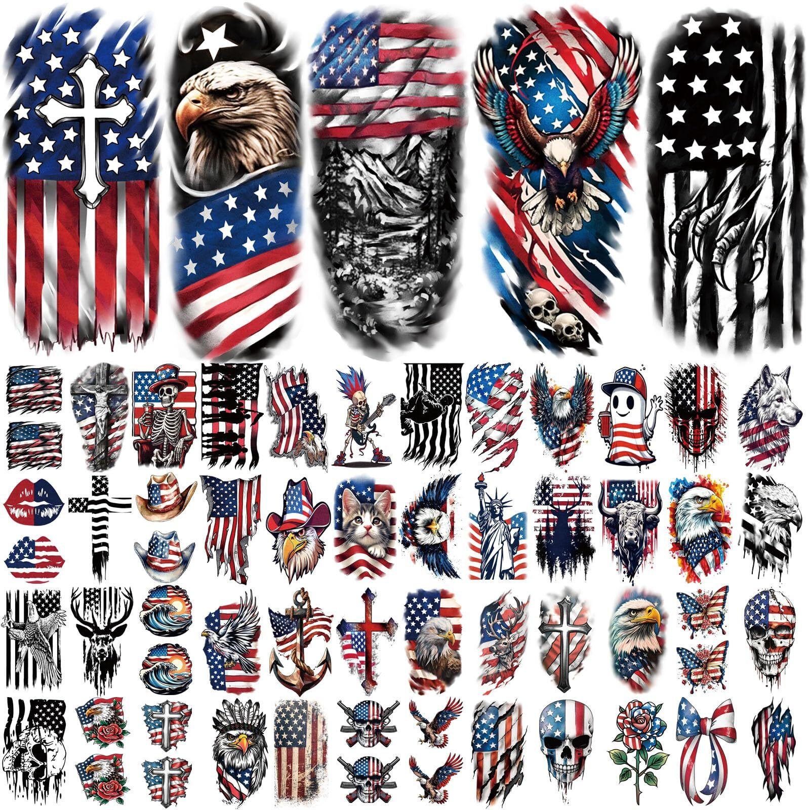 77 Sheets Independence Day Temporary Tattoo For Women Men, 17 Half Arm 4Th Of July Fake Tattoos, 60 Tiny American Flag Eagle Dog Cat Cow Memorial Labor Day Patriotic Body Tattoos