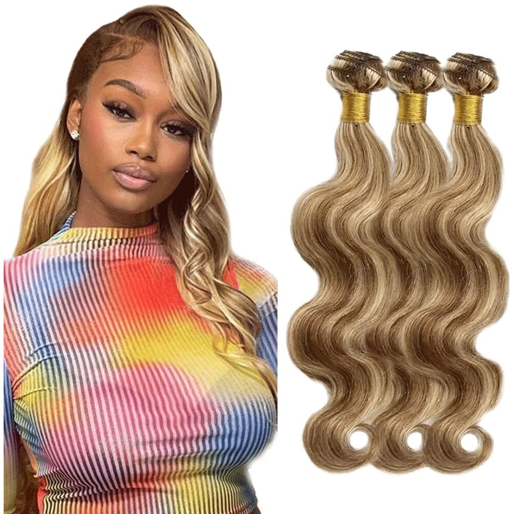 P4613 Bundle Highlight Blonde Body Wave Human Hair Bundles 613 Hair Weave 3 Bundles 12 14 16 Inch Two Tone Color 4 Brown Mixed With Blonde Bundle