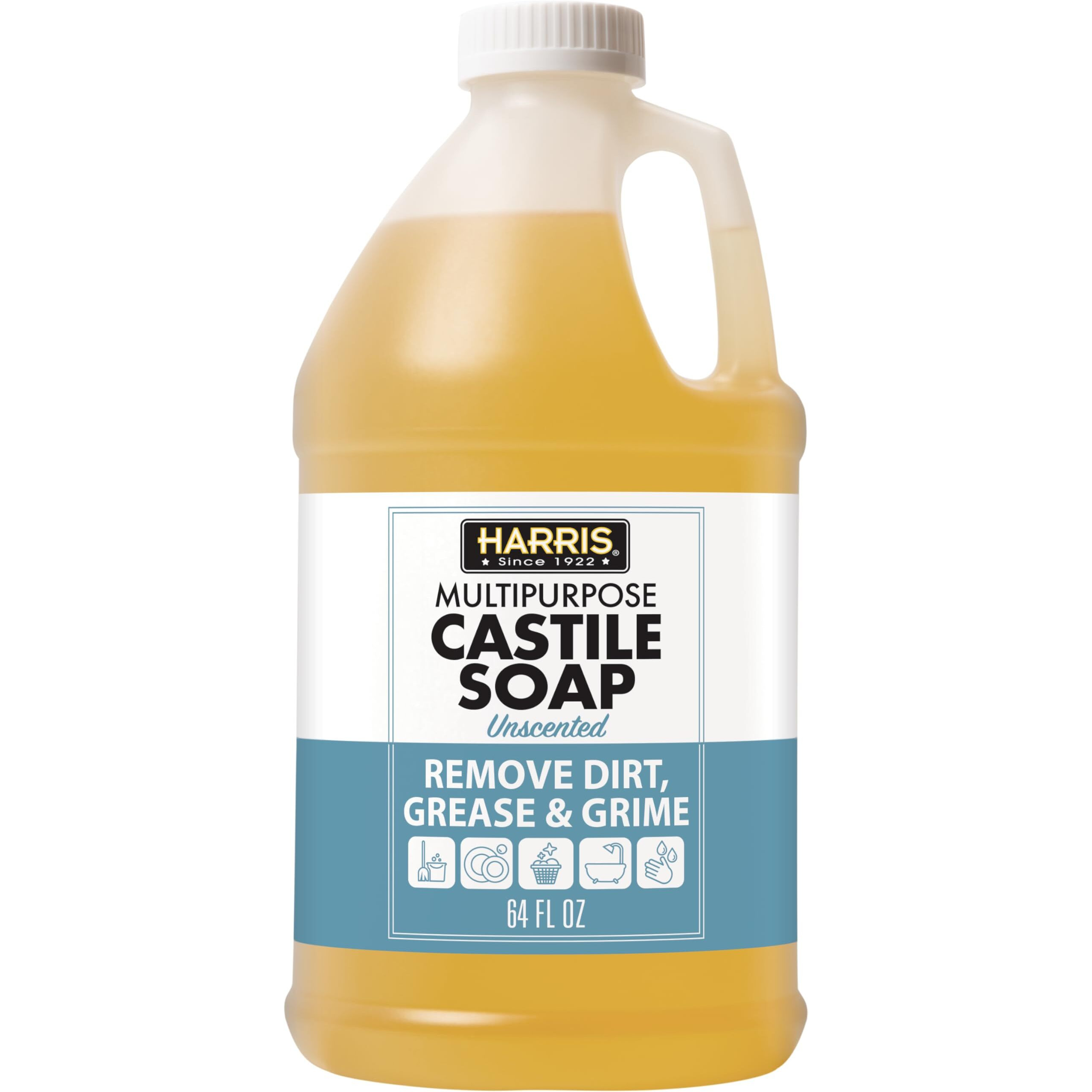 Harris Multi-Purpose Pure Castile Soap, Made With Olive, Coconut, And Pine Tree Oil, Uses For Face, Body, Hand, Hair, Home, Dishes, And Laundry, Unscented, 64 Fl Oz