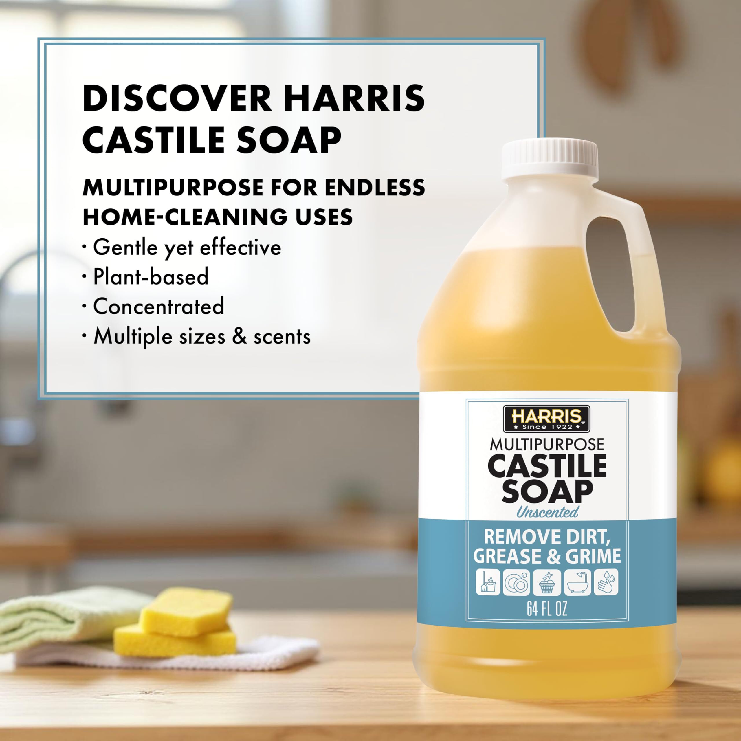 Harris Multi-Purpose Pure Castile Soap, Made With Olive, Coconut, And Pine Tree Oil, Uses For Face, Body, Hand, Hair, Home, Dishes, And Laundry, Unscented, 64 Fl Oz