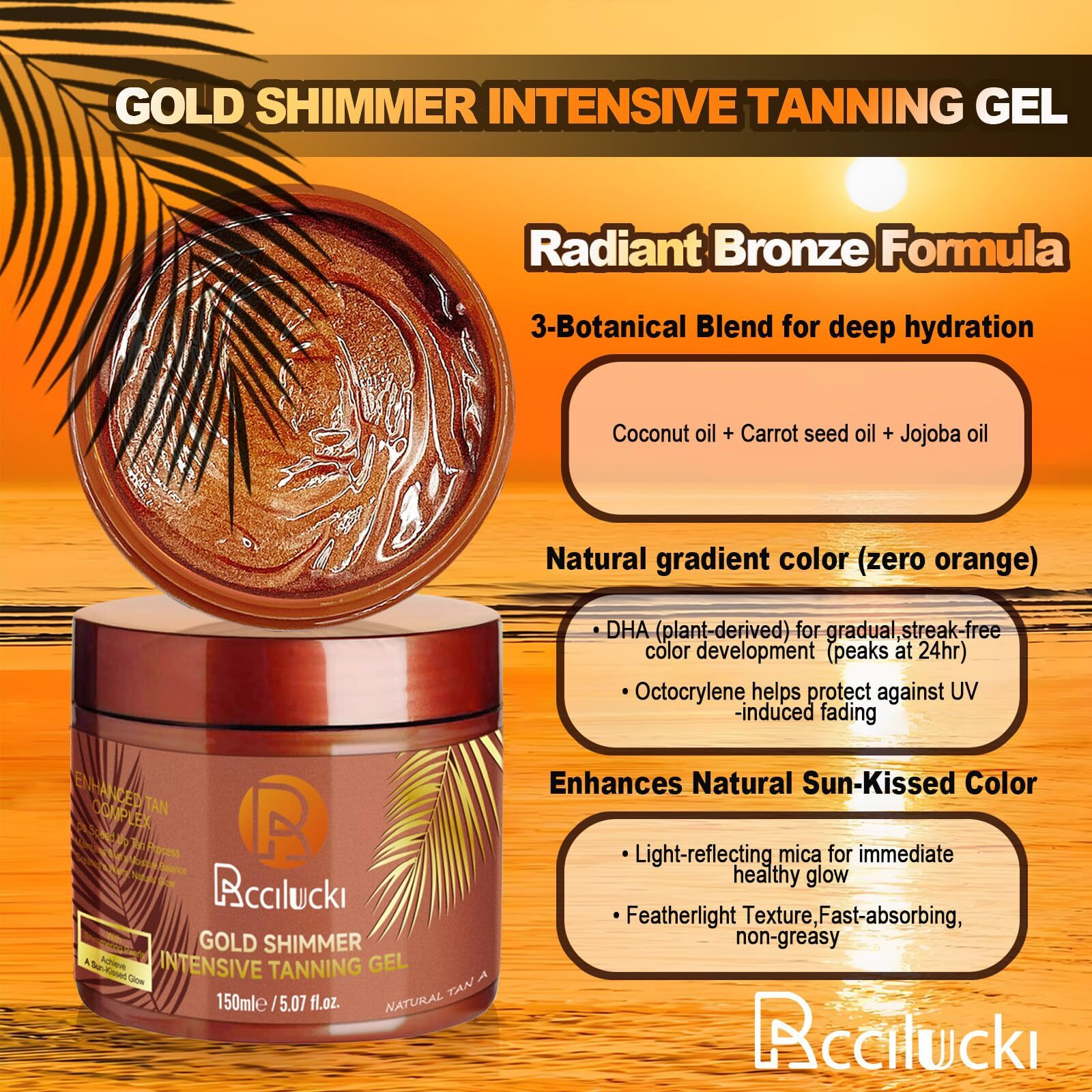 Golden Shimmer Tanning Gel-Browning Tan Accelerator-Hydrating Bronze Enhancer With Carrot & Coconut | Tanning Cream For Sun/Tanning Bed Use (5 Fl Oz)