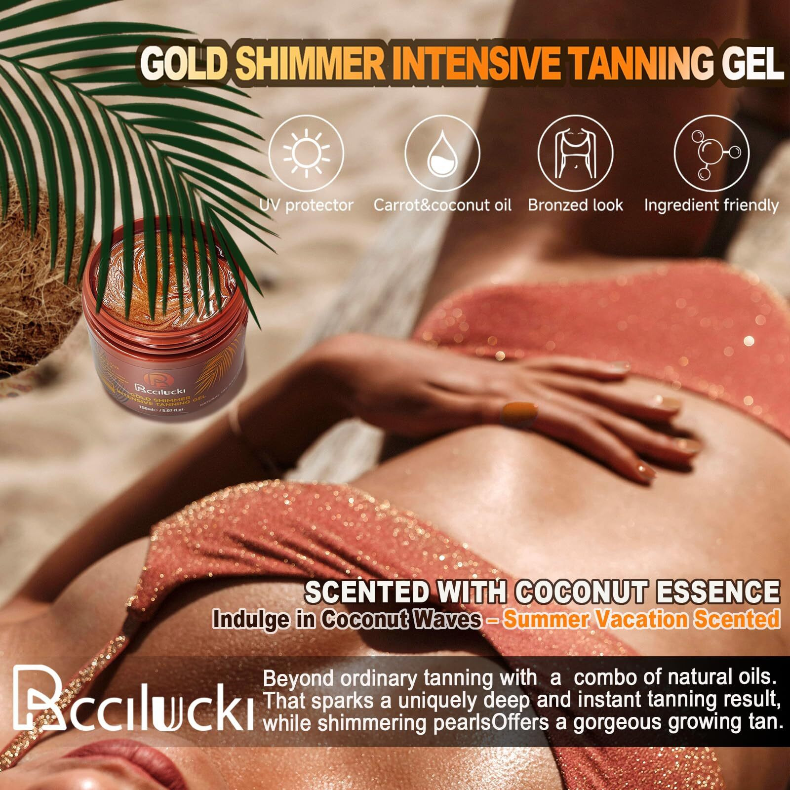 Golden Shimmer Tanning Gel-Browning Tan Accelerator-Hydrating Bronze Enhancer With Carrot & Coconut | Tanning Cream For Sun/Tanning Bed Use (5 Fl Oz)