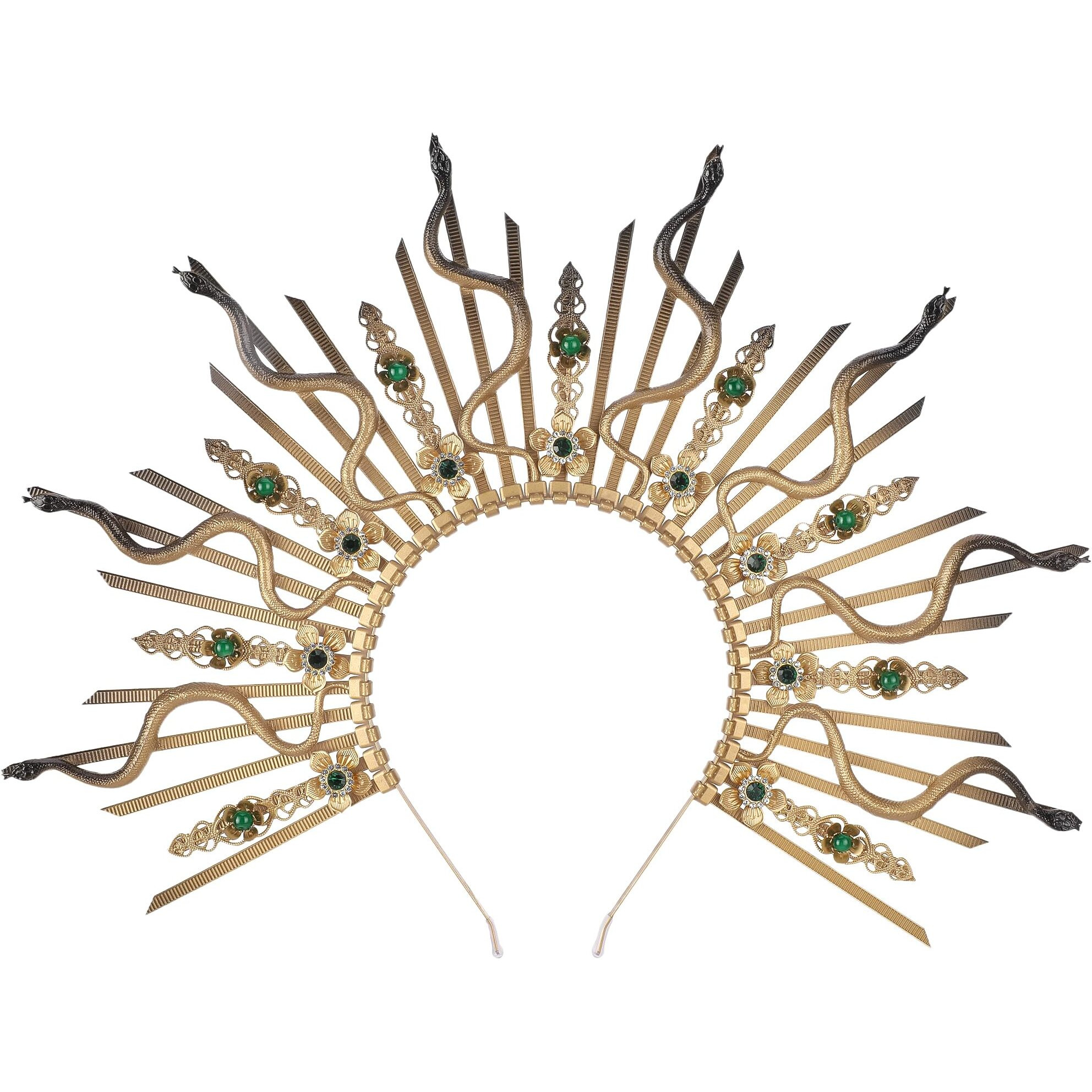 Cosucos Medusa Snake Halo Crown - Gold Spiked Sunburst Sun Halo Headband Egyptian Greek Mary Goddess Headpiece With Flower Rhinestones For Women Renaissance Halloween Cosplay Renfaire Laurel Costume