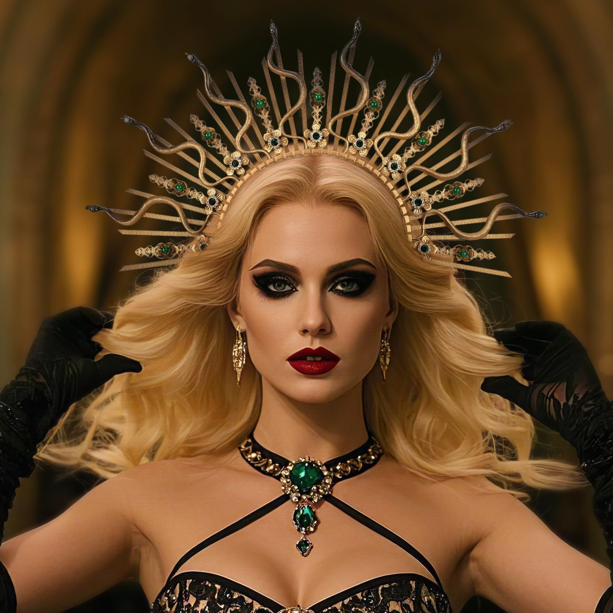 Cosucos Medusa Snake Halo Crown - Gold Spiked Sunburst Sun Halo Headband Egyptian Greek Mary Goddess Headpiece With Flower Rhinestones For Women Renaissance Halloween Cosplay Renfaire Laurel Costume