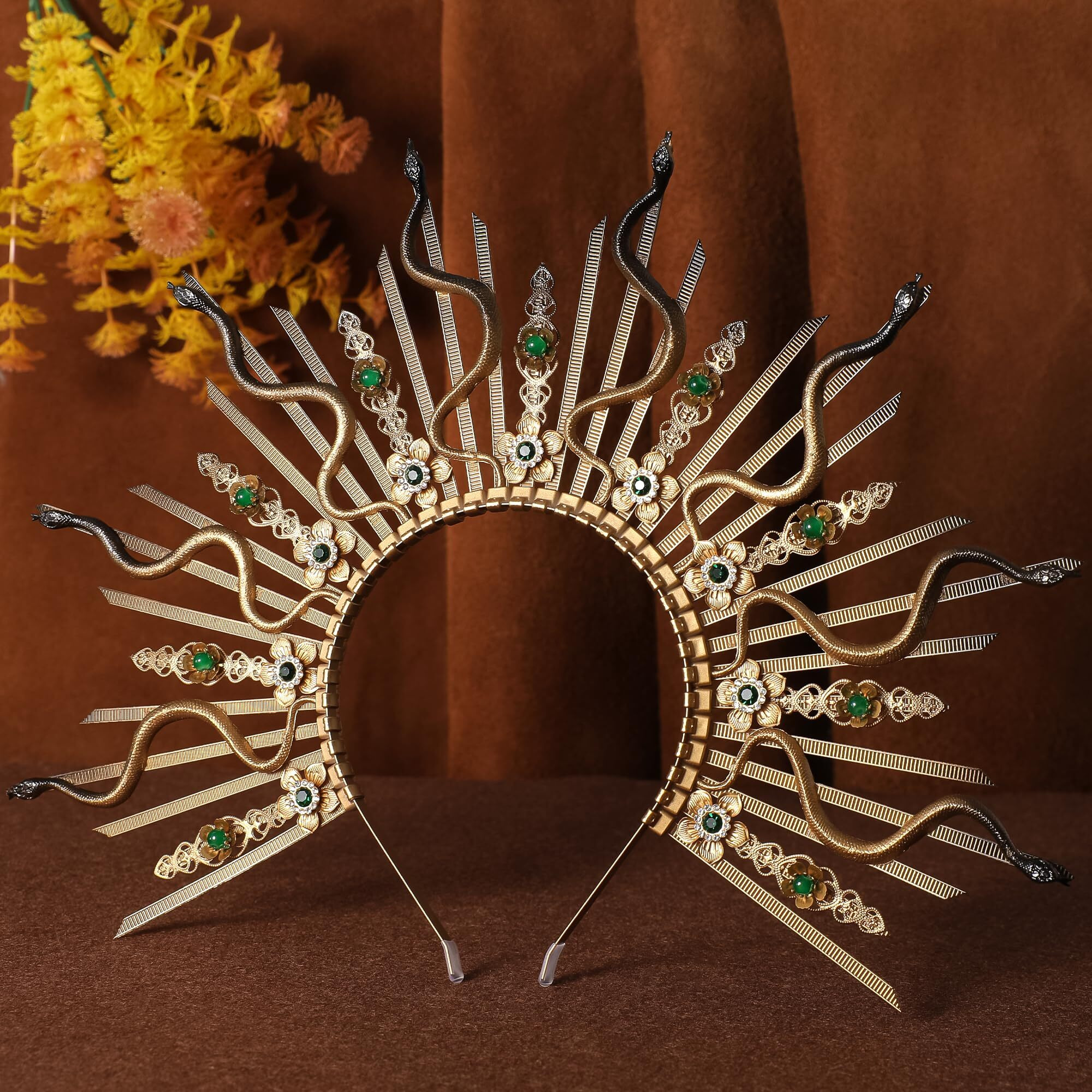 Cosucos Medusa Snake Halo Crown - Gold Spiked Sunburst Sun Halo Headband Egyptian Greek Mary Goddess Headpiece With Flower Rhinestones For Women Renaissance Halloween Cosplay Renfaire Laurel Costume
