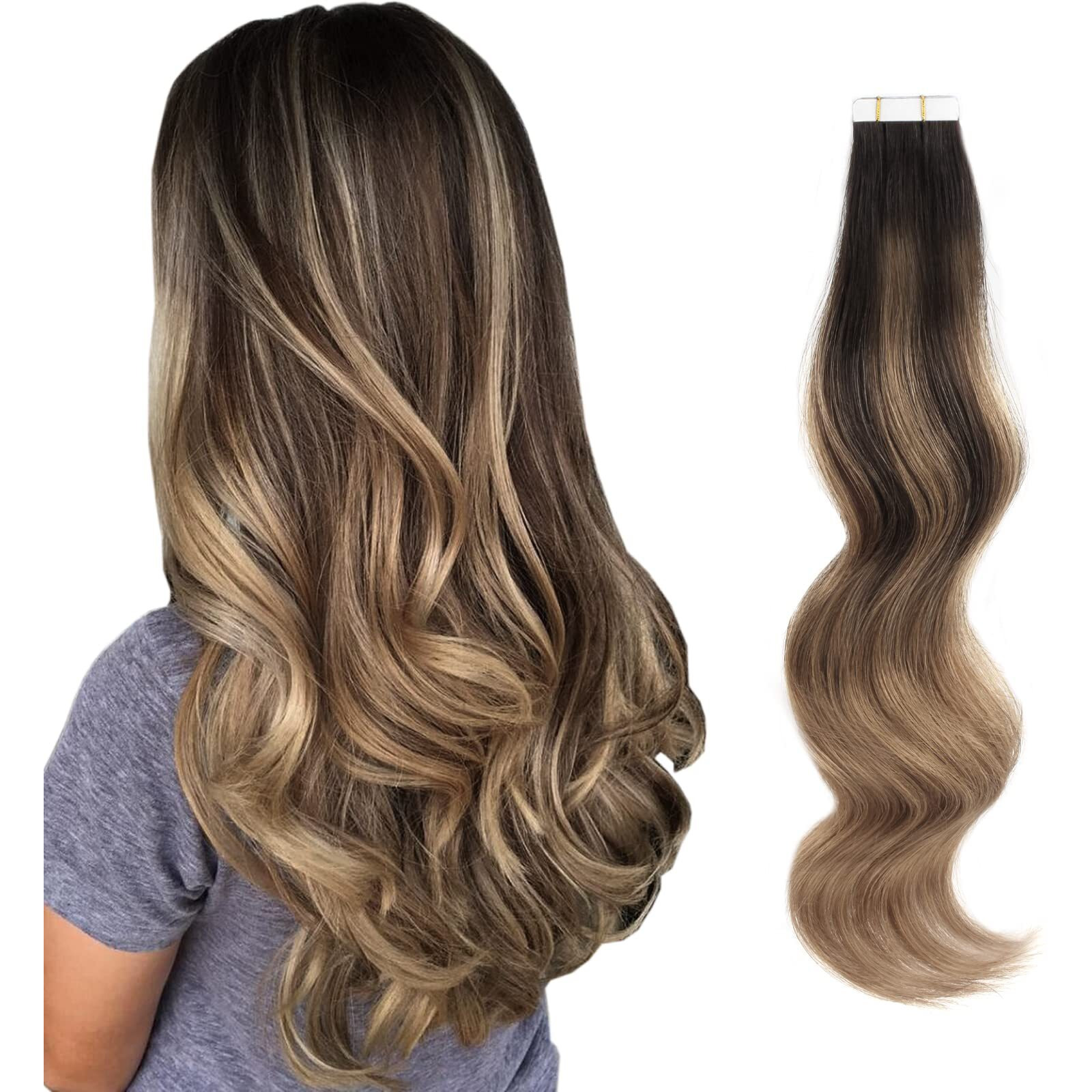 Abh Amazingbeauty Hair Sun-Kissed Human Hair Tape Extensions Balayage Invisible Double Sided Real Remy Human Hair Skin Weft, Chestnut Brown With Darkest Brown 50G 20Pcs, B2-6, 18 Inch