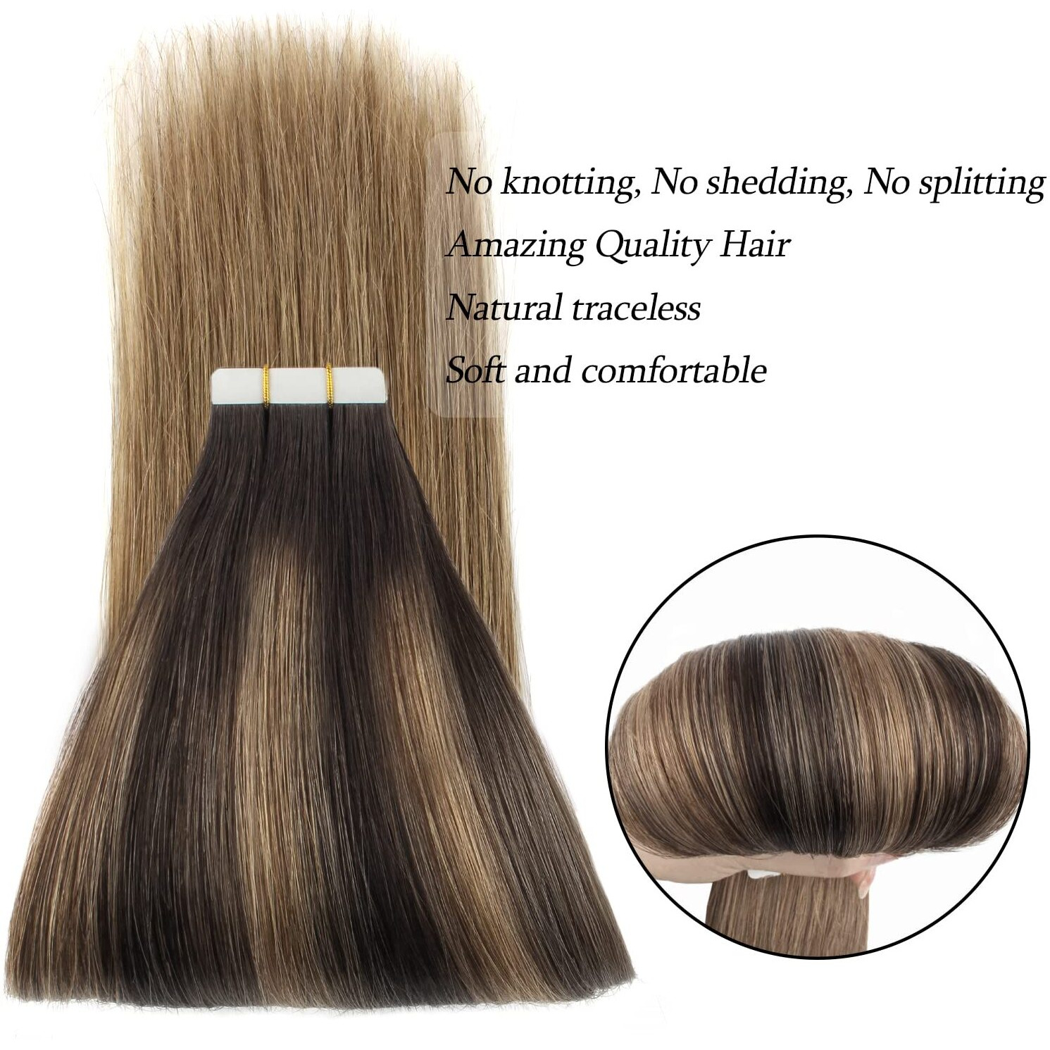 Abh Amazingbeauty Hair Sun-Kissed Human Hair Tape Extensions Balayage Invisible Double Sided Real Remy Human Hair Skin Weft, Chestnut Brown With Darkest Brown 50G 20Pcs, B2-6, 18 Inch