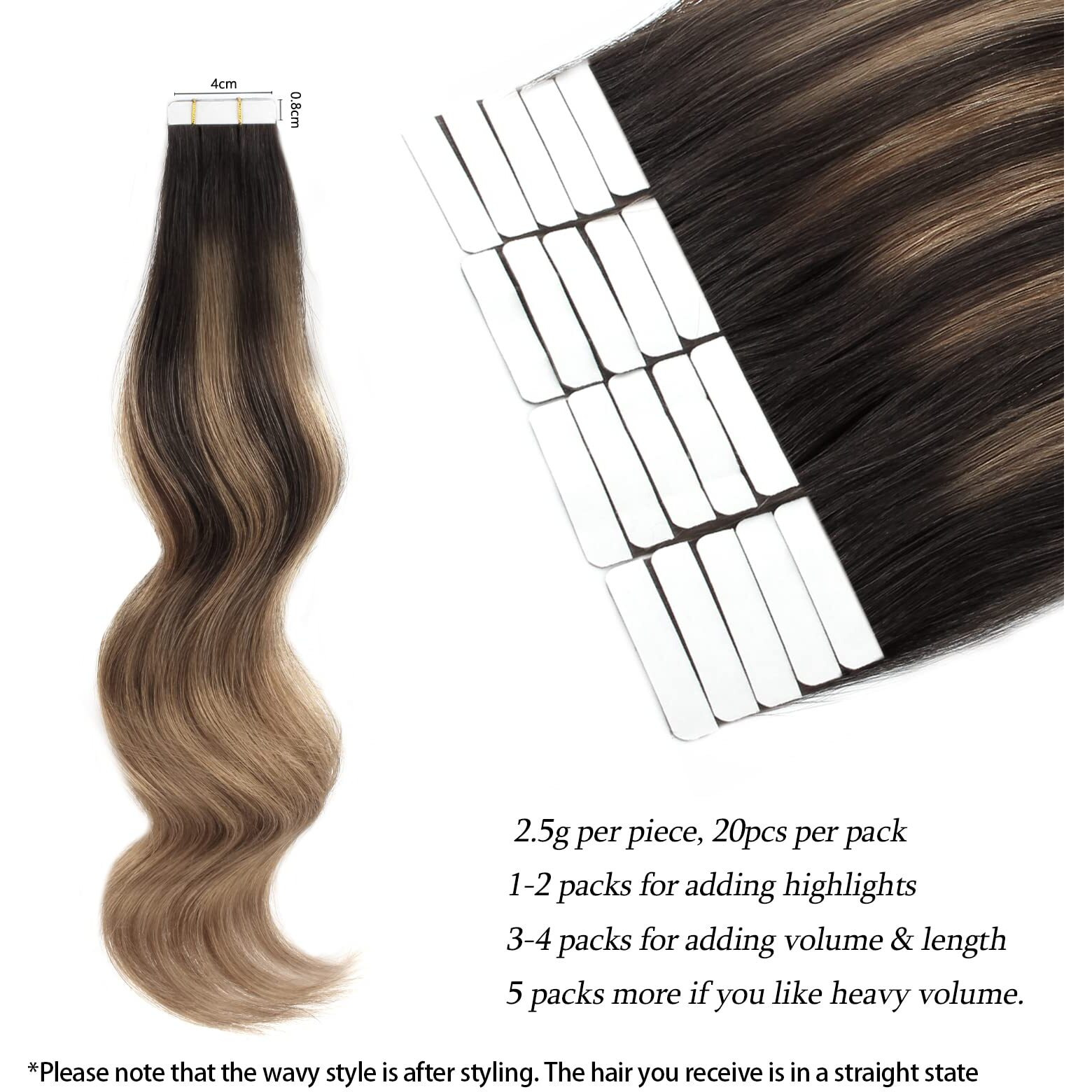 Abh Amazingbeauty Hair Sun-Kissed Human Hair Tape Extensions Balayage Invisible Double Sided Real Remy Human Hair Skin Weft, Chestnut Brown With Darkest Brown 50G 20Pcs, B2-6, 18 Inch