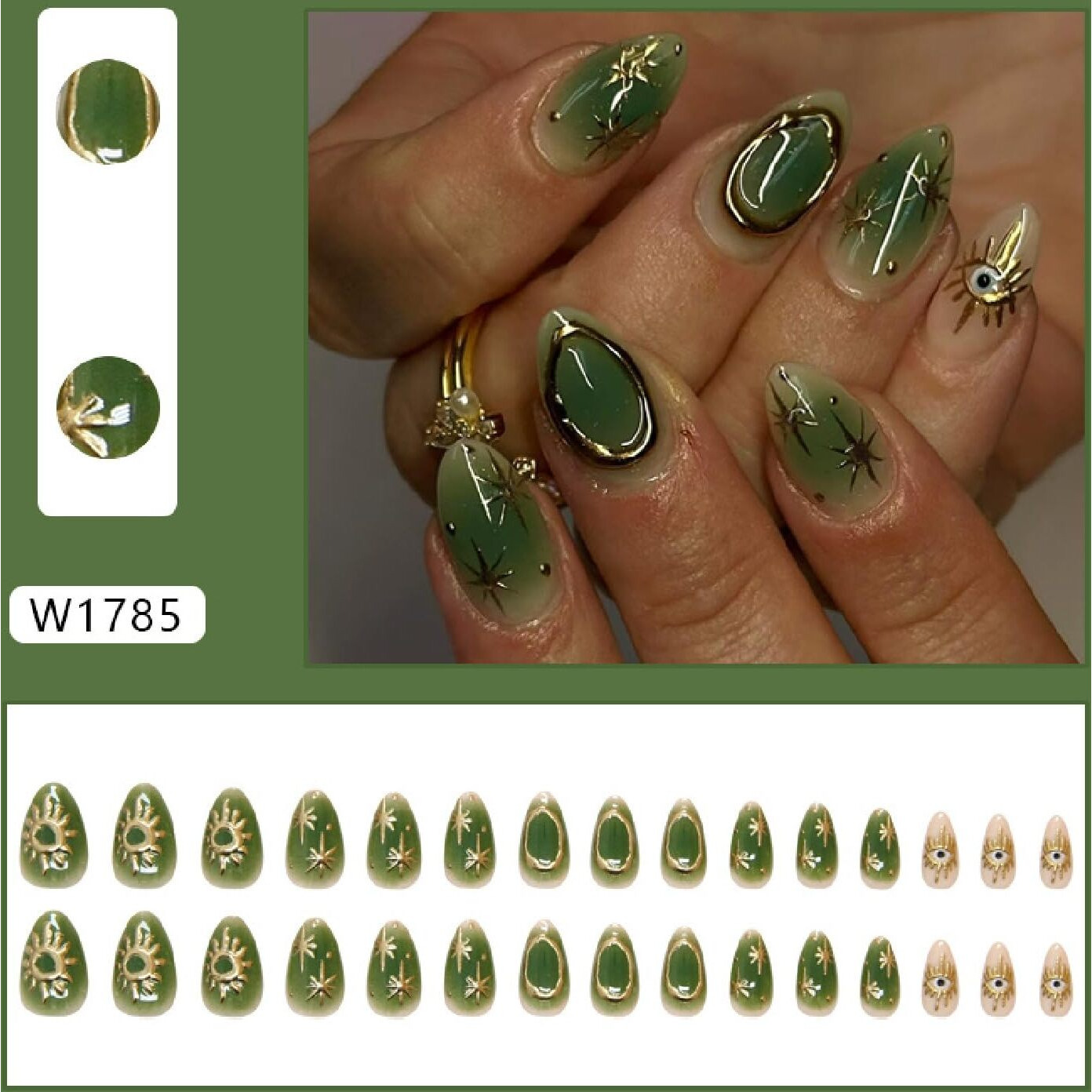 Short Almond Press On Nails Fake Nails With 3D Gold Sun Star Handmade False Nails Design Artificial Stick On Nails For Women Girls 30 Pcs (Green-8, M-8)