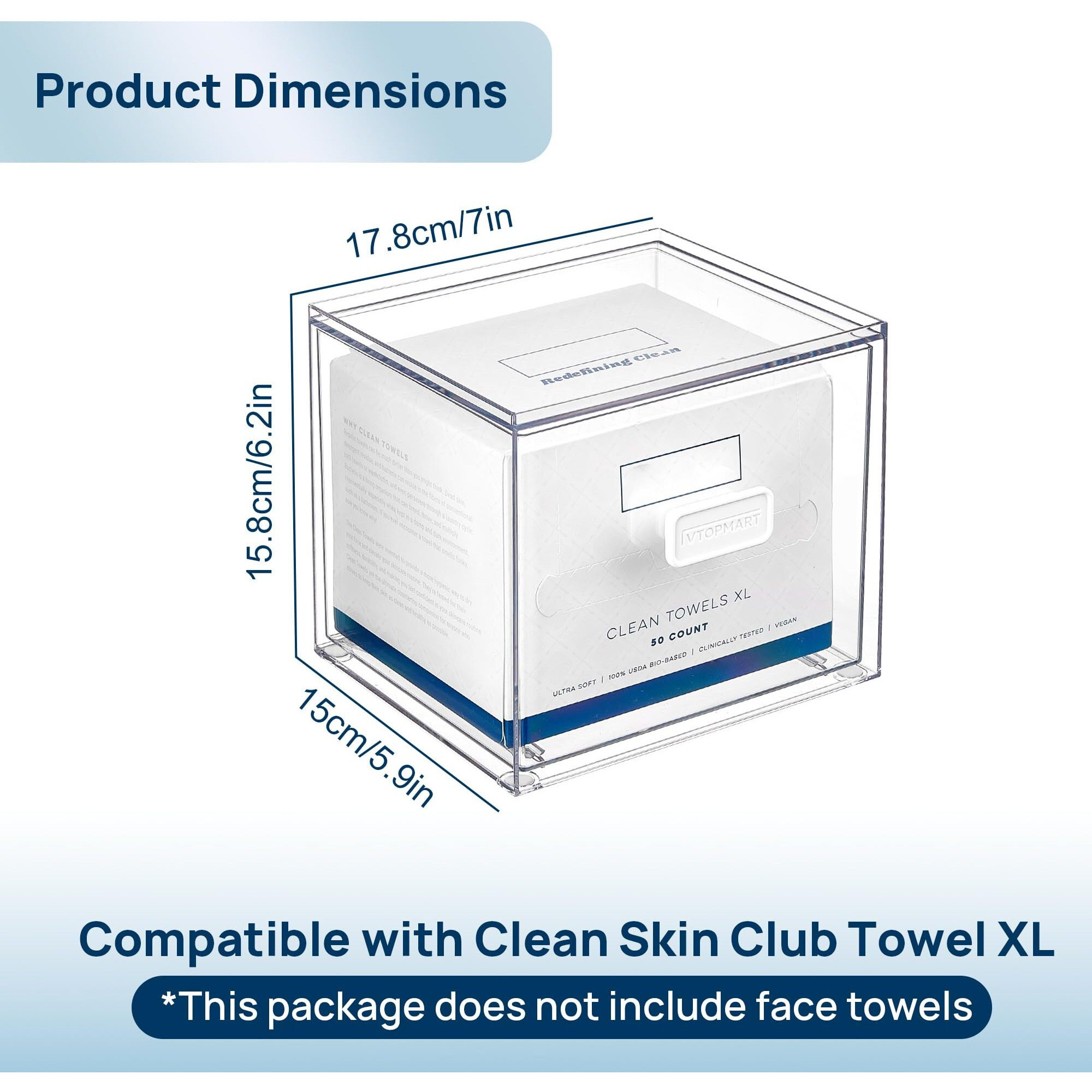 Vtopmart Disposable Facial Towels Holder,Clear Storage Drawer Compatible With Clean Skin Club Towel Xl,Acrylic Box Hold 50 Count,Stylish And Functional Bathroom Accessory For Coutertop Organization