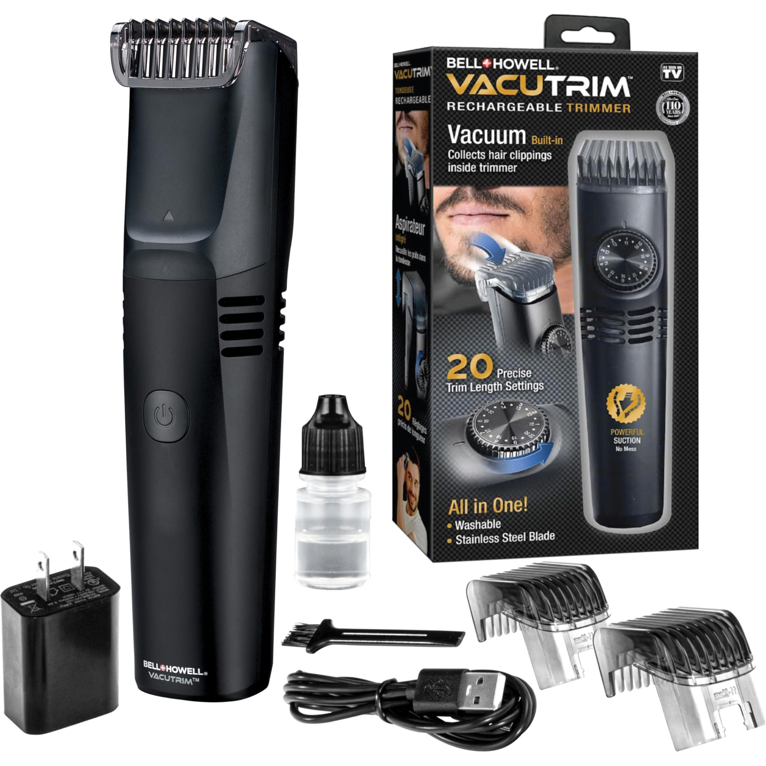Vacutrim Cordless Mens Beard Trimmer, Rechargeable Electric Shaver With 20 Trim Setting Calibration Dial And Built-In Vacuum For Mustache, Sideburns. Facial Hair, Black, 7.5"", As Seen On Tv