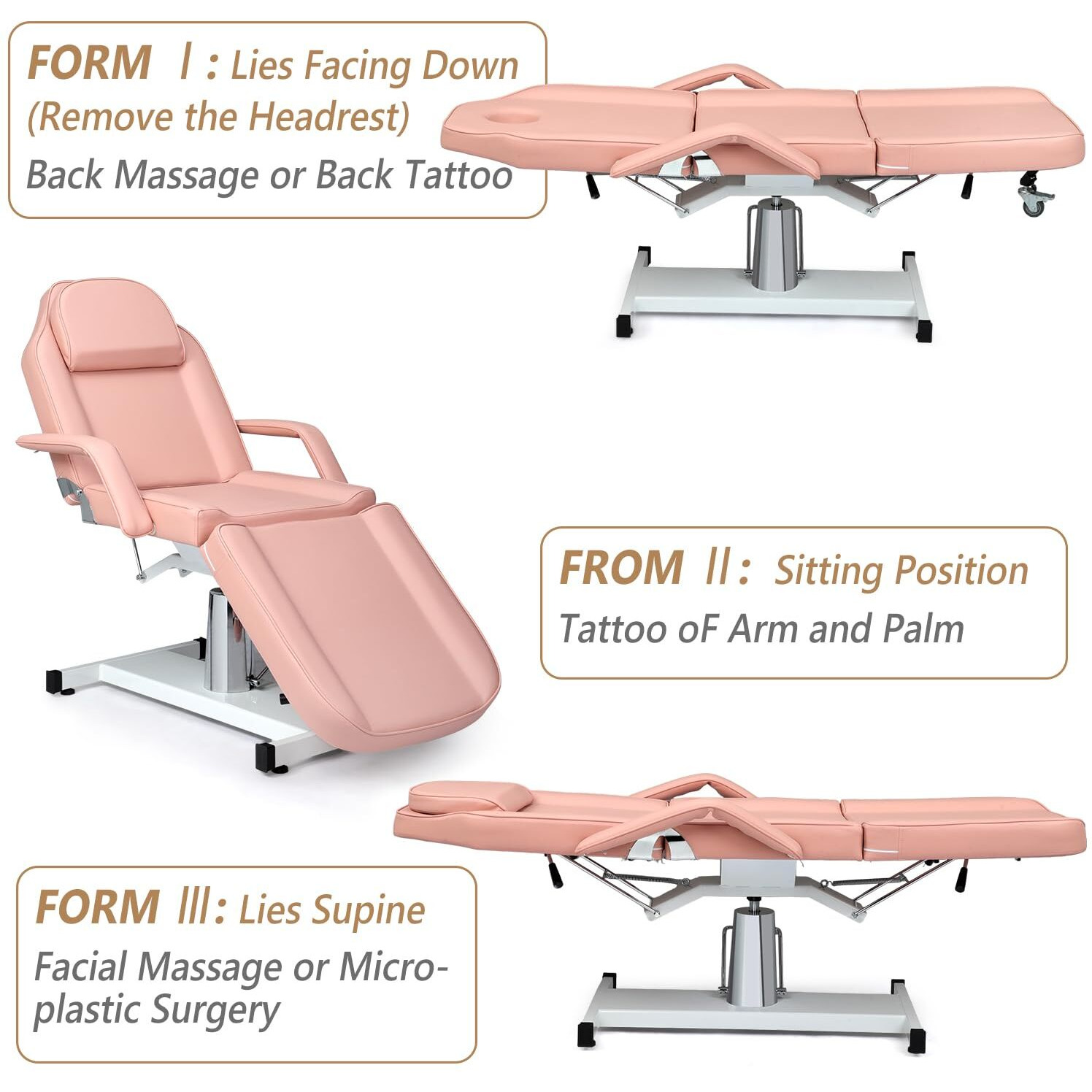 Omysalon Hydraulic Facial Bed Massage Table, Multi-Purpose 3-Section Tattoo Chair Esthetician Bed, Adjustable Beauty Salon Spa Equipment, Pink