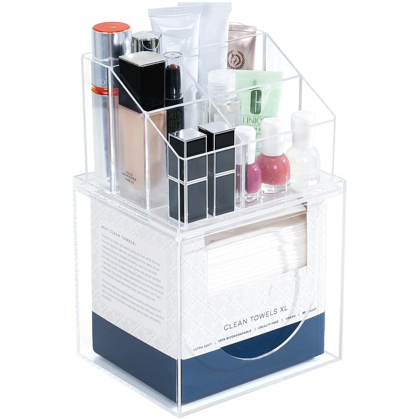 Icasa Disposable Face Towel Holder, 2 In 1 Wall Mounted Acrylic Facial Towel Storage Box Compatible With Clean Skin Club Face Towels Xl, Clear Countertop Container Makeup Organizer For Bathroom Vanity