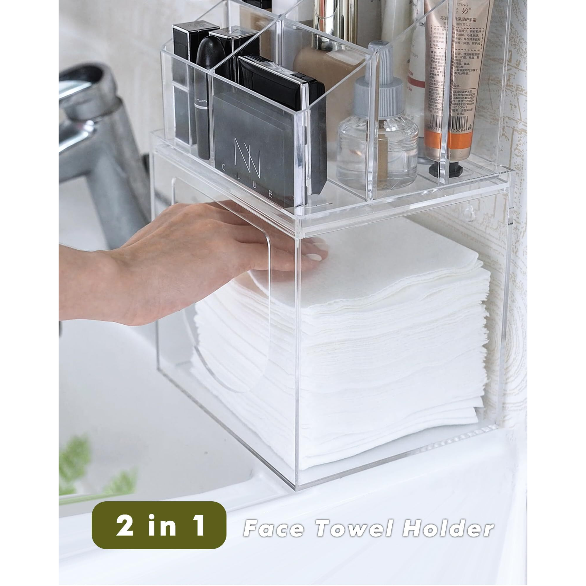 Icasa Disposable Face Towel Holder, 2 In 1 Wall Mounted Acrylic Facial Towel Storage Box Compatible With Clean Skin Club Face Towels Xl, Clear Countertop Container Makeup Organizer For Bathroom Vanity