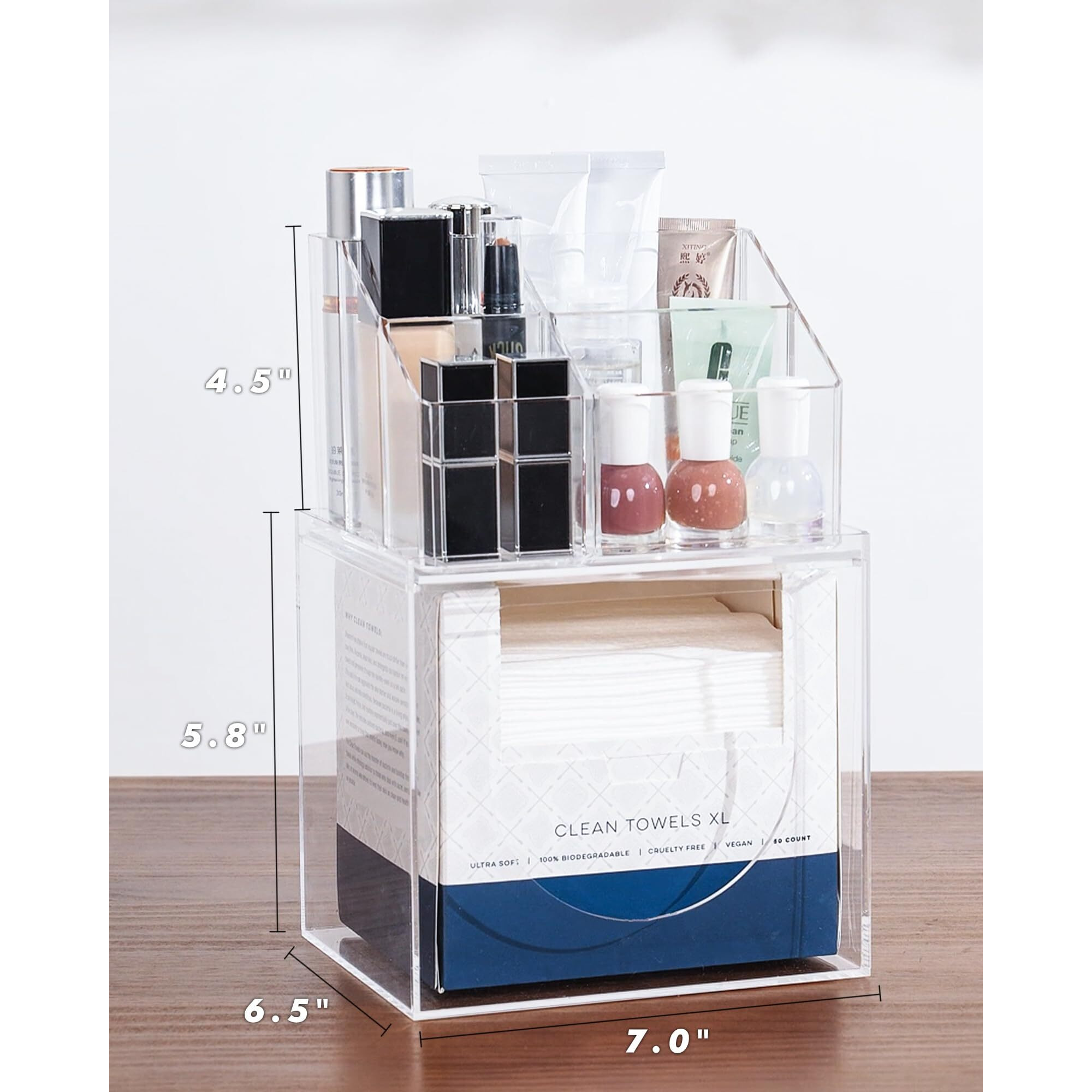 Icasa Disposable Face Towel Holder, 2 In 1 Wall Mounted Acrylic Facial Towel Storage Box Compatible With Clean Skin Club Face Towels Xl, Clear Countertop Container Makeup Organizer For Bathroom Vanity