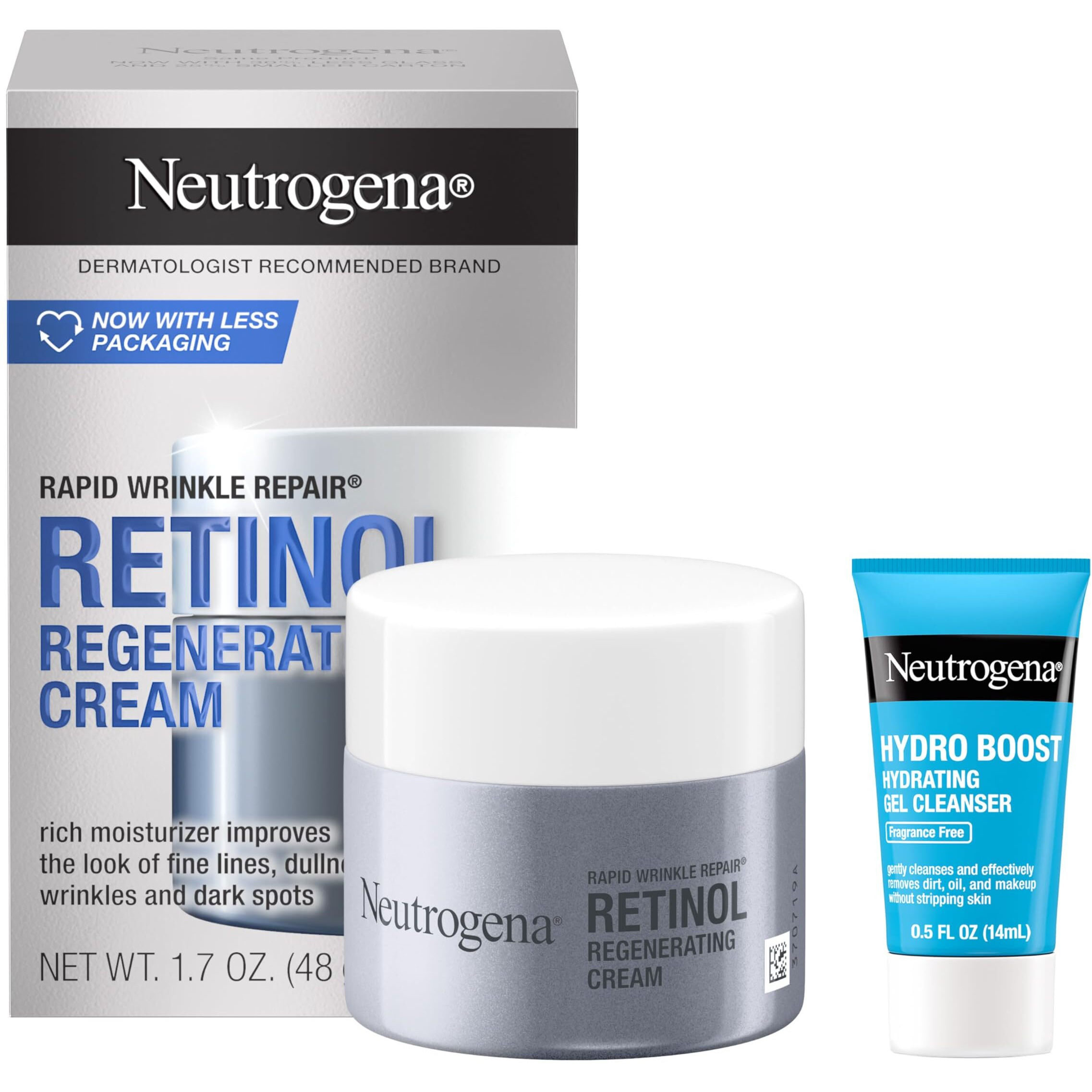 Neutrogena Rapid Wrinkle Repair Retinol Face Moisturizer, Anti-Aging Face Cream With Retinol & Hyaluronic Acid, 1.7 Oz + Trial Size Hydro Boost Facial Cleanser, 0.5 Fl. Oz