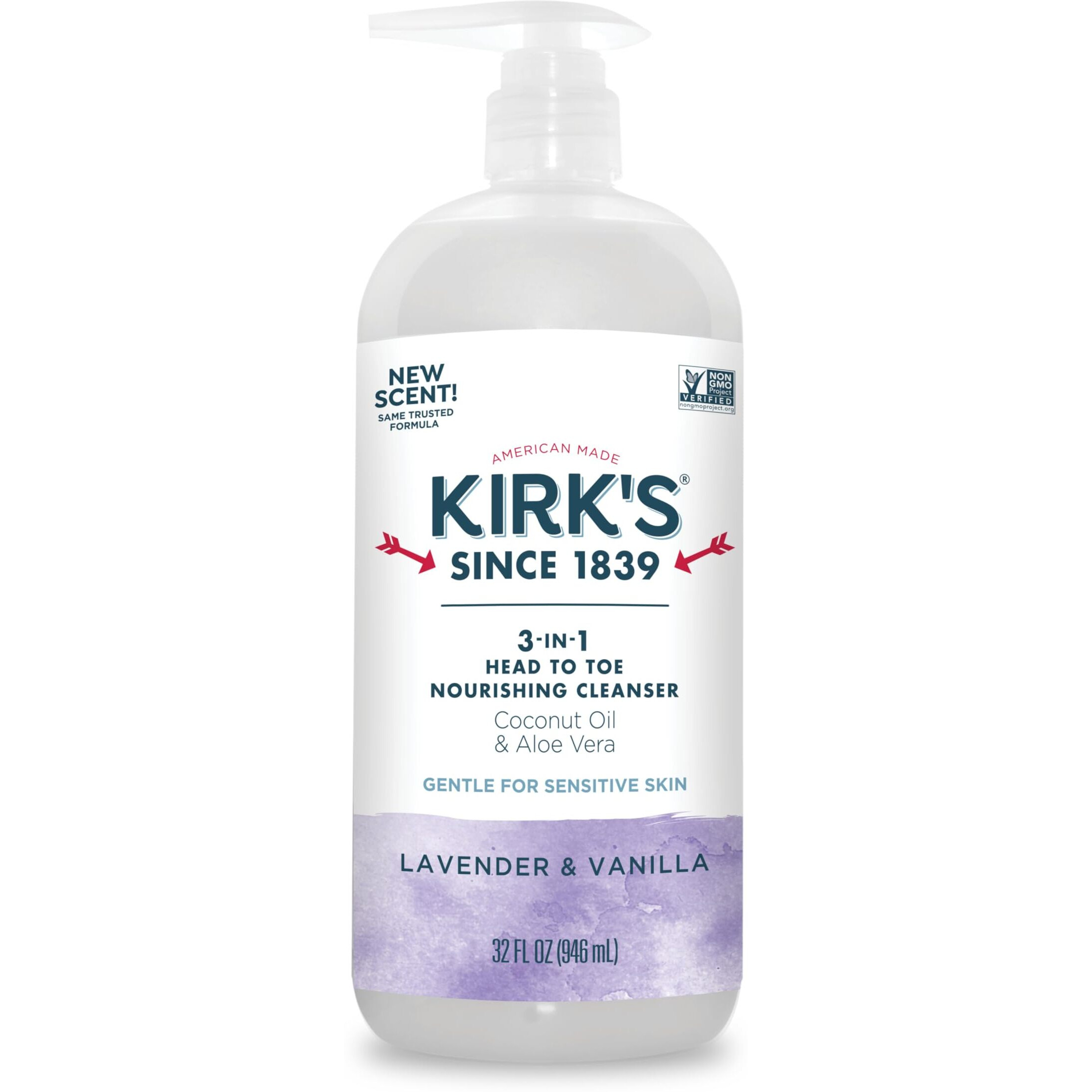 Kirk's 3-In-1 Head To Toe Nourishing Liquid Cleanser- For Men, Women & Children - Premium Coconut Oil & Aloe Vera- Non Gmo & Vegan - Lavender And Vanilla - 32 Fl Oz.