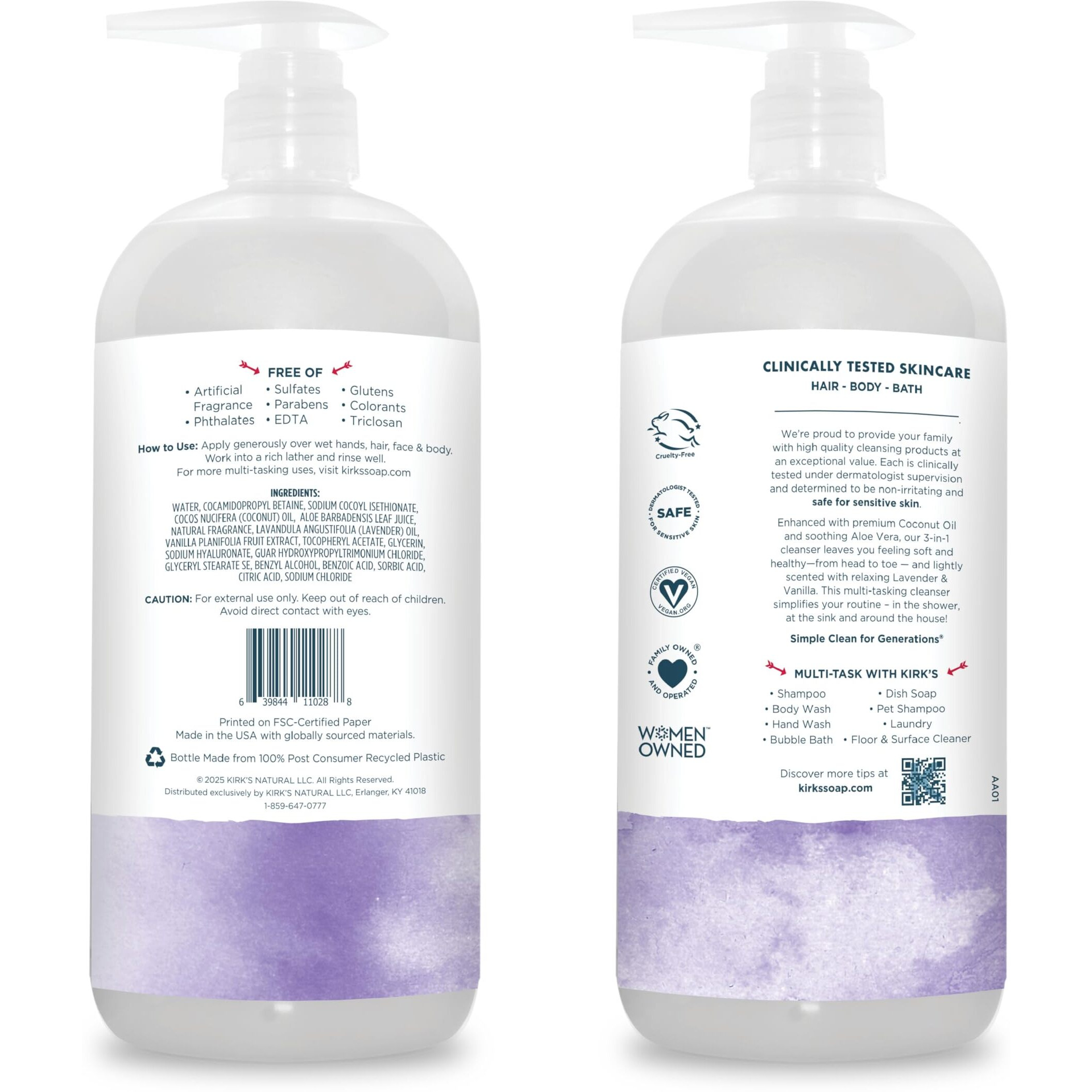 Kirk's 3-In-1 Head To Toe Nourishing Liquid Cleanser- For Men, Women & Children - Premium Coconut Oil & Aloe Vera- Non Gmo & Vegan - Lavender And Vanilla - 32 Fl Oz.