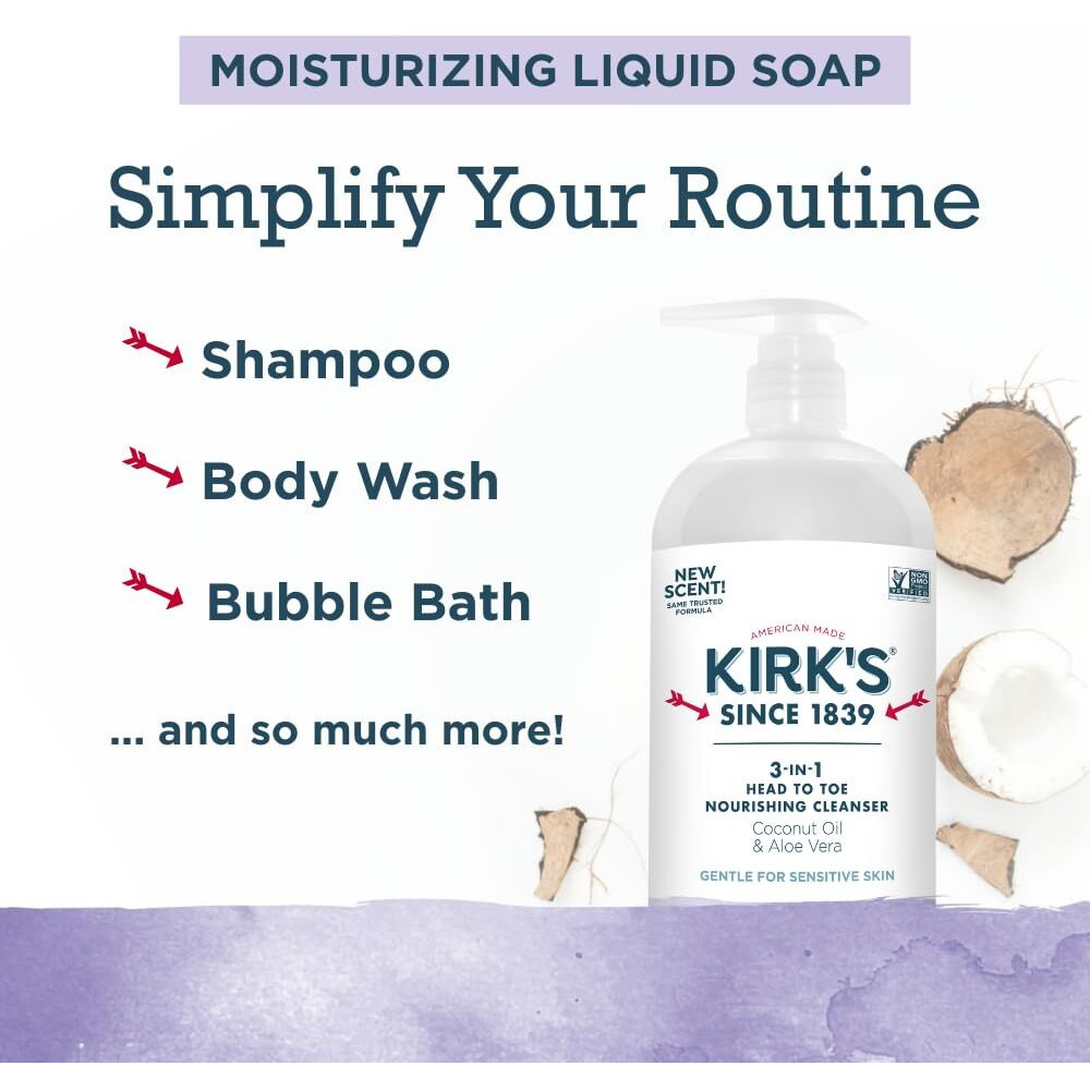 Kirk's 3-In-1 Head To Toe Nourishing Liquid Cleanser- For Men, Women & Children - Premium Coconut Oil & Aloe Vera- Non Gmo & Vegan - Lavender And Vanilla - 32 Fl Oz.
