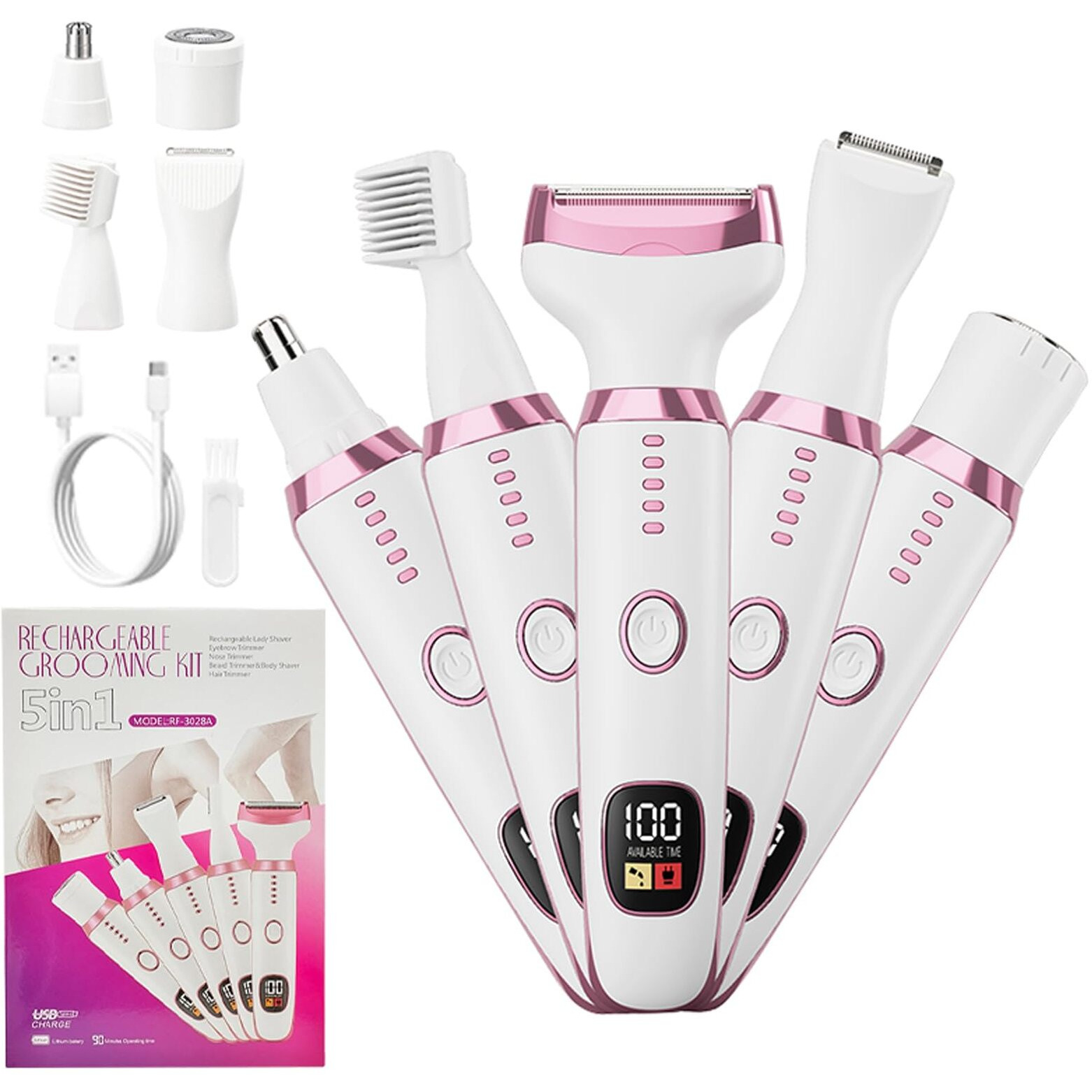 Sidhgn 5-In-1 Electric Razor For Women - Bikini Trimmer With Led Display, Painless Hair Removal For Face, Nose, Eyebrows, Arms & Legs - Wet/Dry Rechargeable Shaver For Armpits & Pubic Area