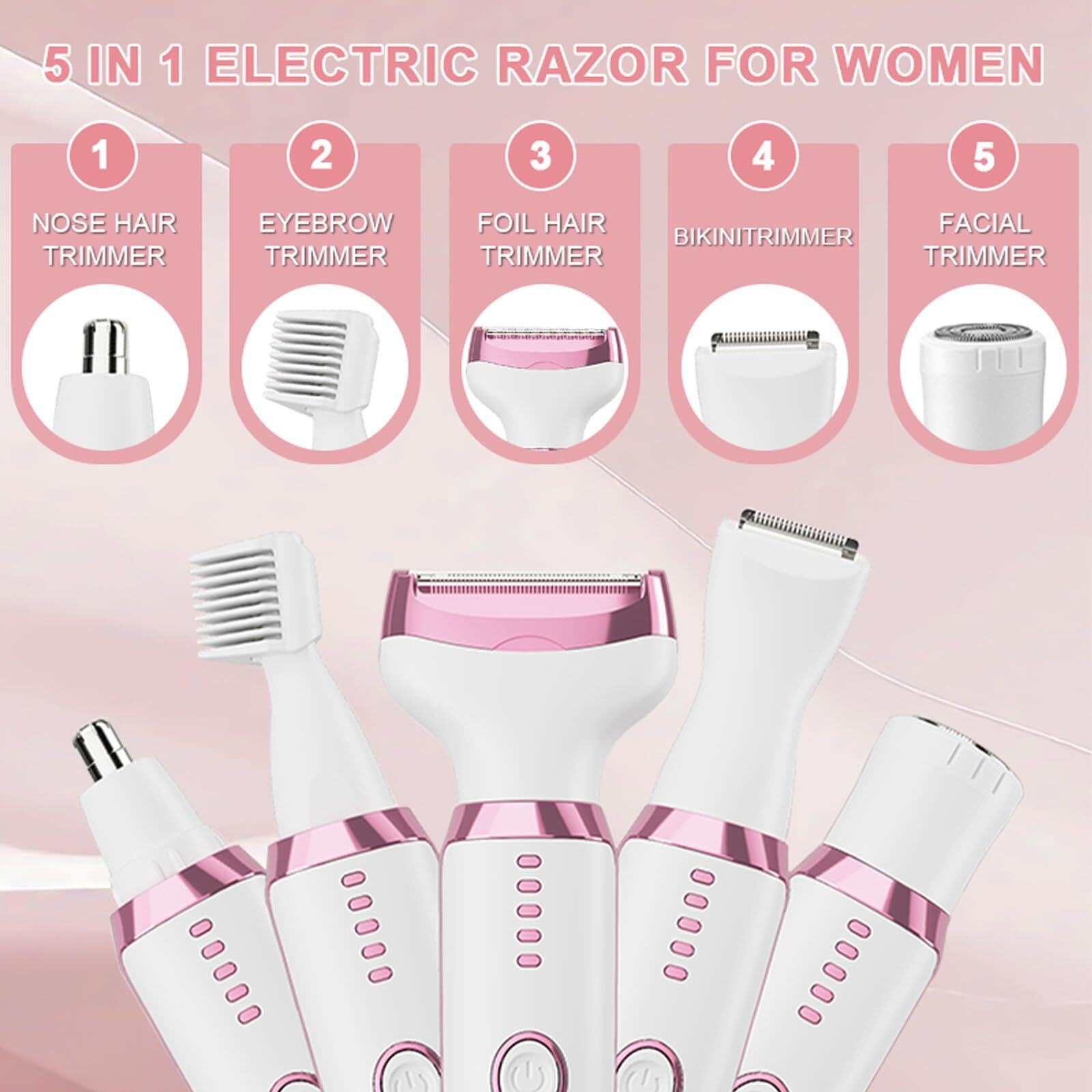 Sidhgn 5-In-1 Electric Razor For Women - Bikini Trimmer With Led Display, Painless Hair Removal For Face, Nose, Eyebrows, Arms & Legs - Wet/Dry Rechargeable Shaver For Armpits & Pubic Area